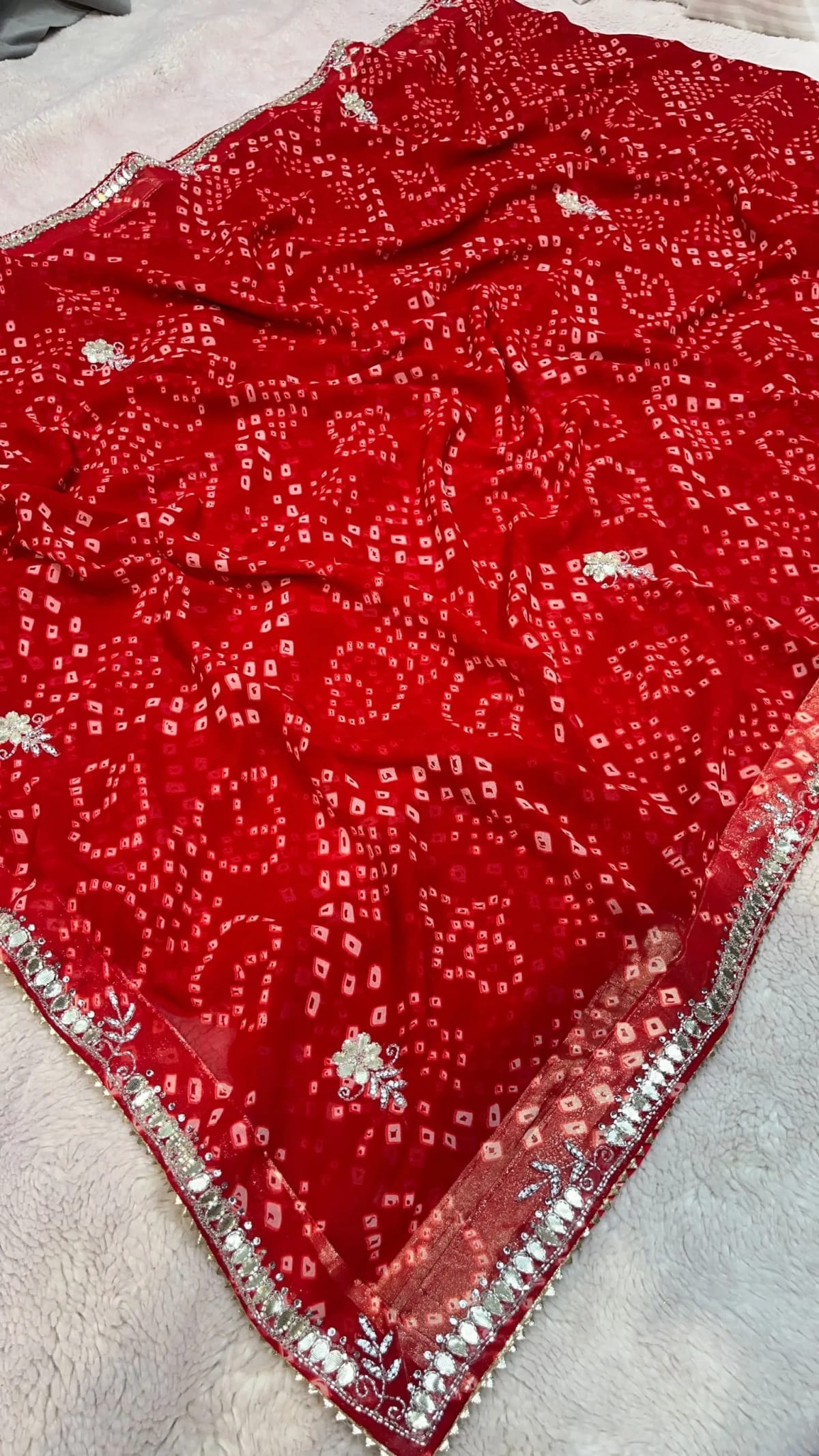 Designer Bandhej Georgette Fabric Saree with All-Over Kundan Moti Embellishment