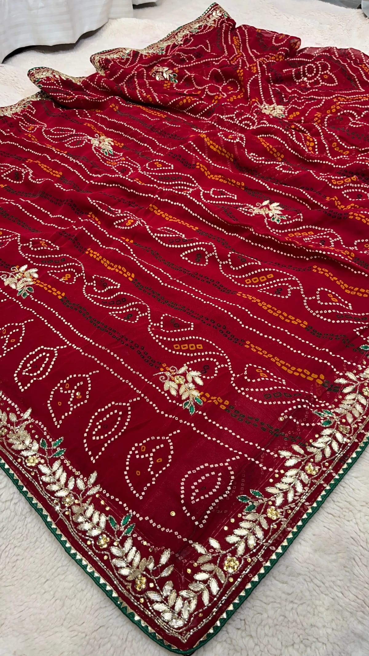 Traditional Chundri Bandhej Saree in Pure Viscose Georgette Fabric | Handcrafted Kundan Patti Art