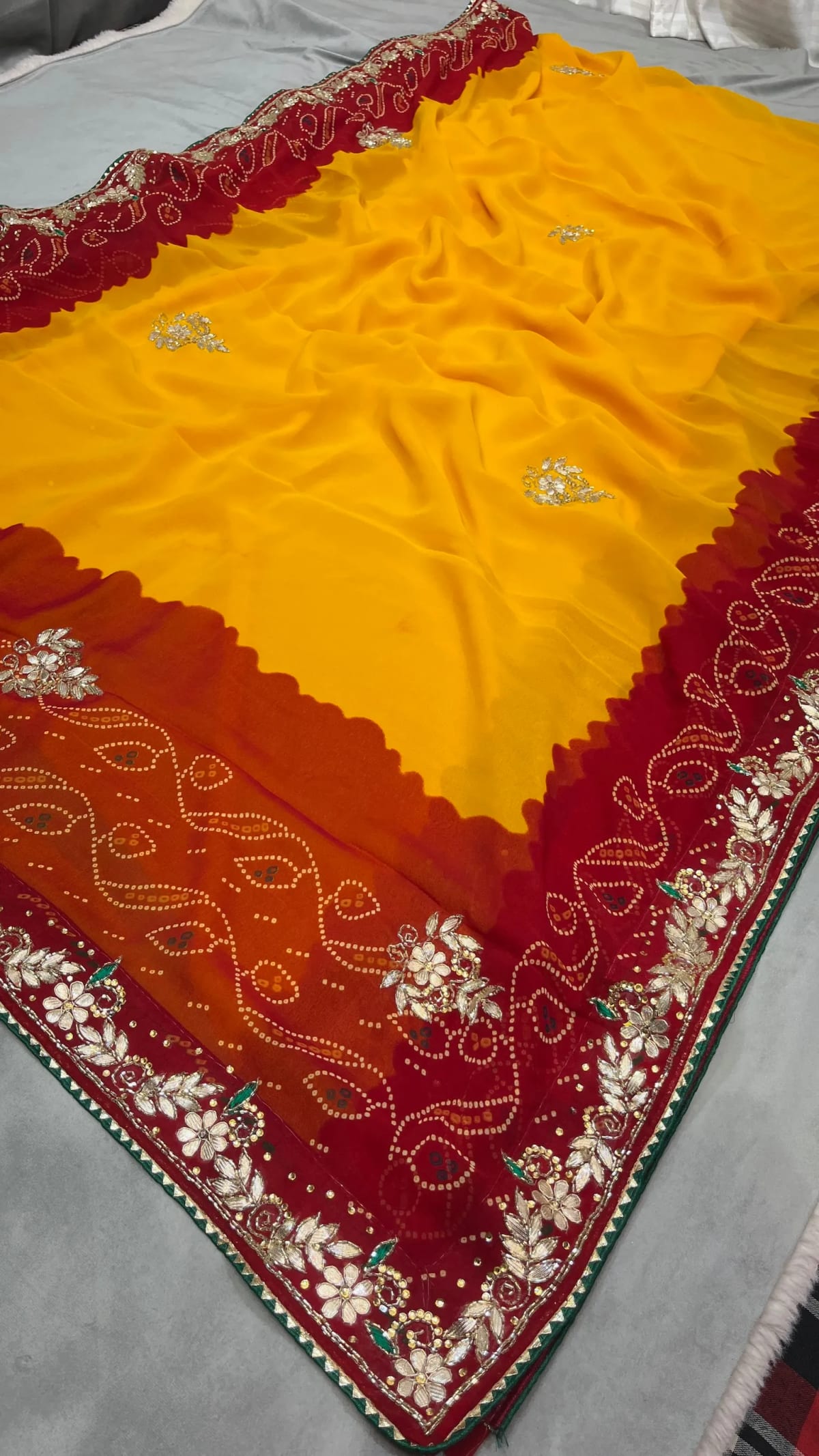 Elegant Lemmon Peela Georgette Fabric Saree with Handcrafted Zardozi and Kundan Patti Detailing