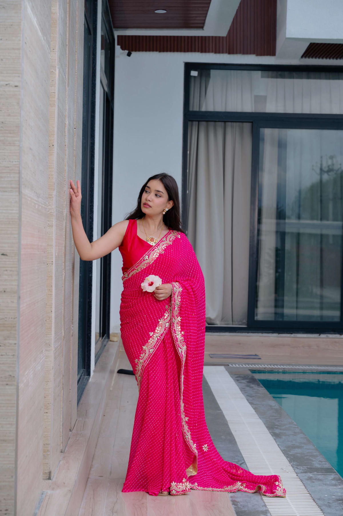 Viscose Georgette Fabric Leheriya Mothra Saree with Zardozi Work