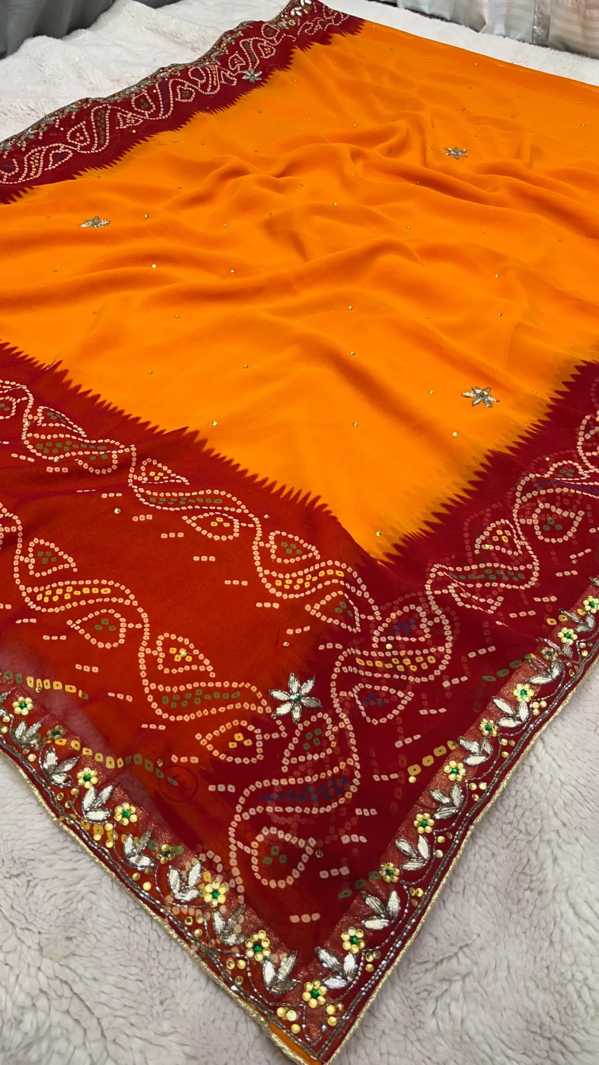 Elegant Traditional Peela Saree in Georgette Fabric with Handmade Kundan Patti Embroidery