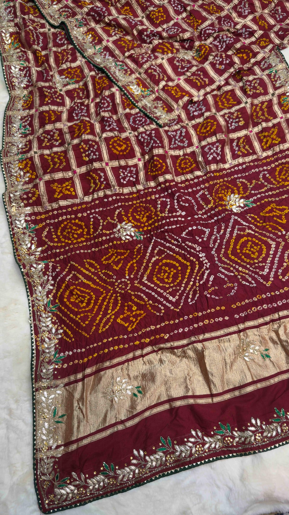 Traditional Modal Silk Fabric Lakdi Patta Saree with Meena Zari & Kundan Zardozi Work