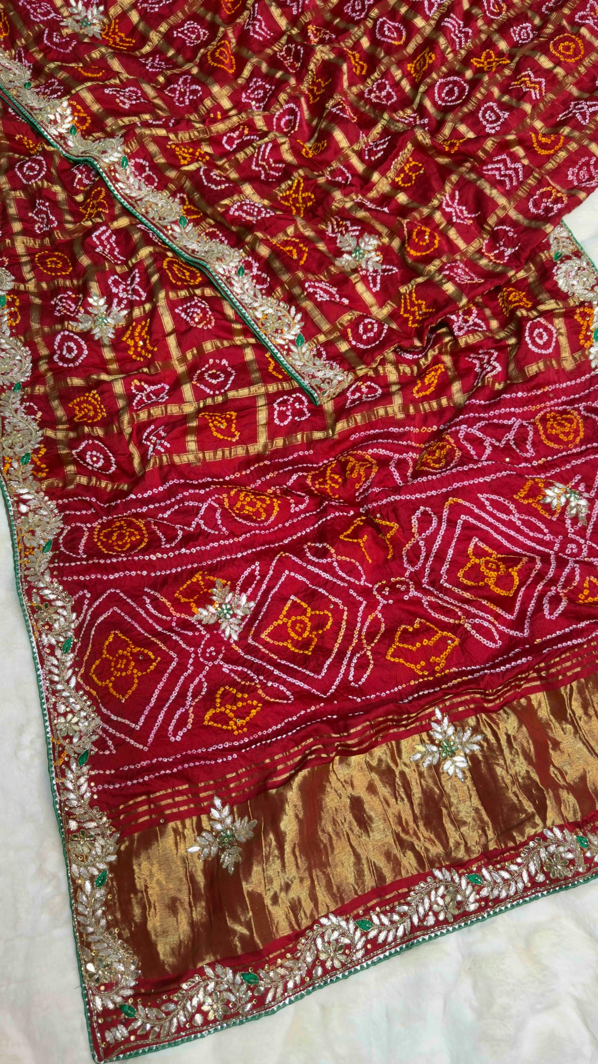 Elegant Modal Silk Meena Zari Fabric Lakdi Patta Saree with Handcrafted Kundan & Moti Work