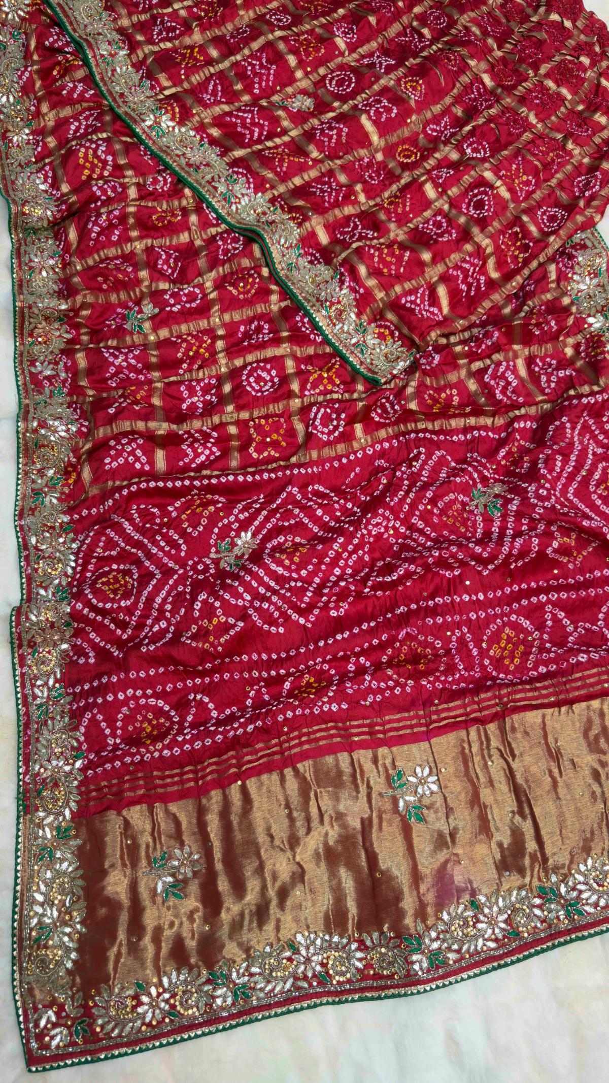 Traditional Modal silk meena zari Fabric Lakdi patta saree handmade zardozi Kundan patti moti work