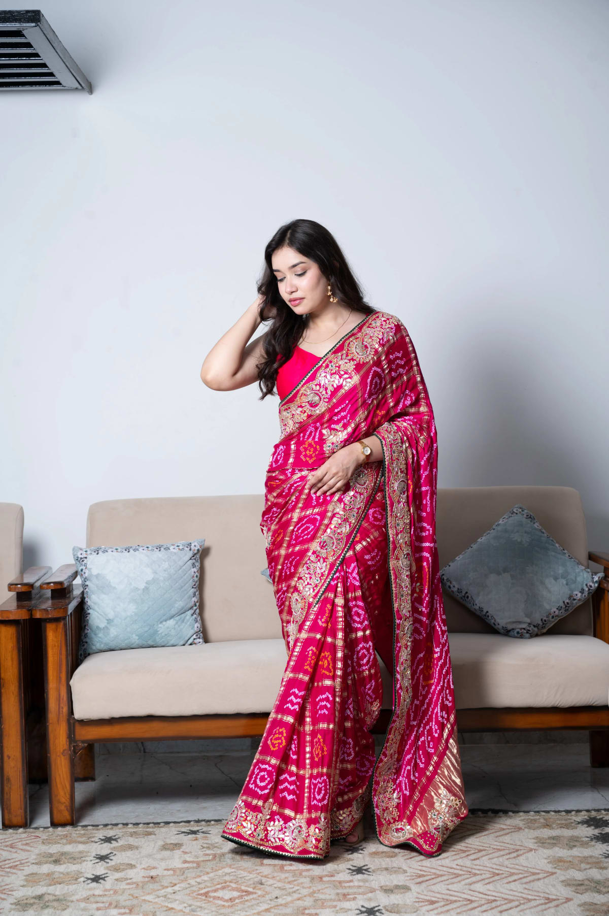 Pure Gaji Silk Fabric Saree with Zardosi Kundan Patti & Moti Work | Luxury Designer Saree