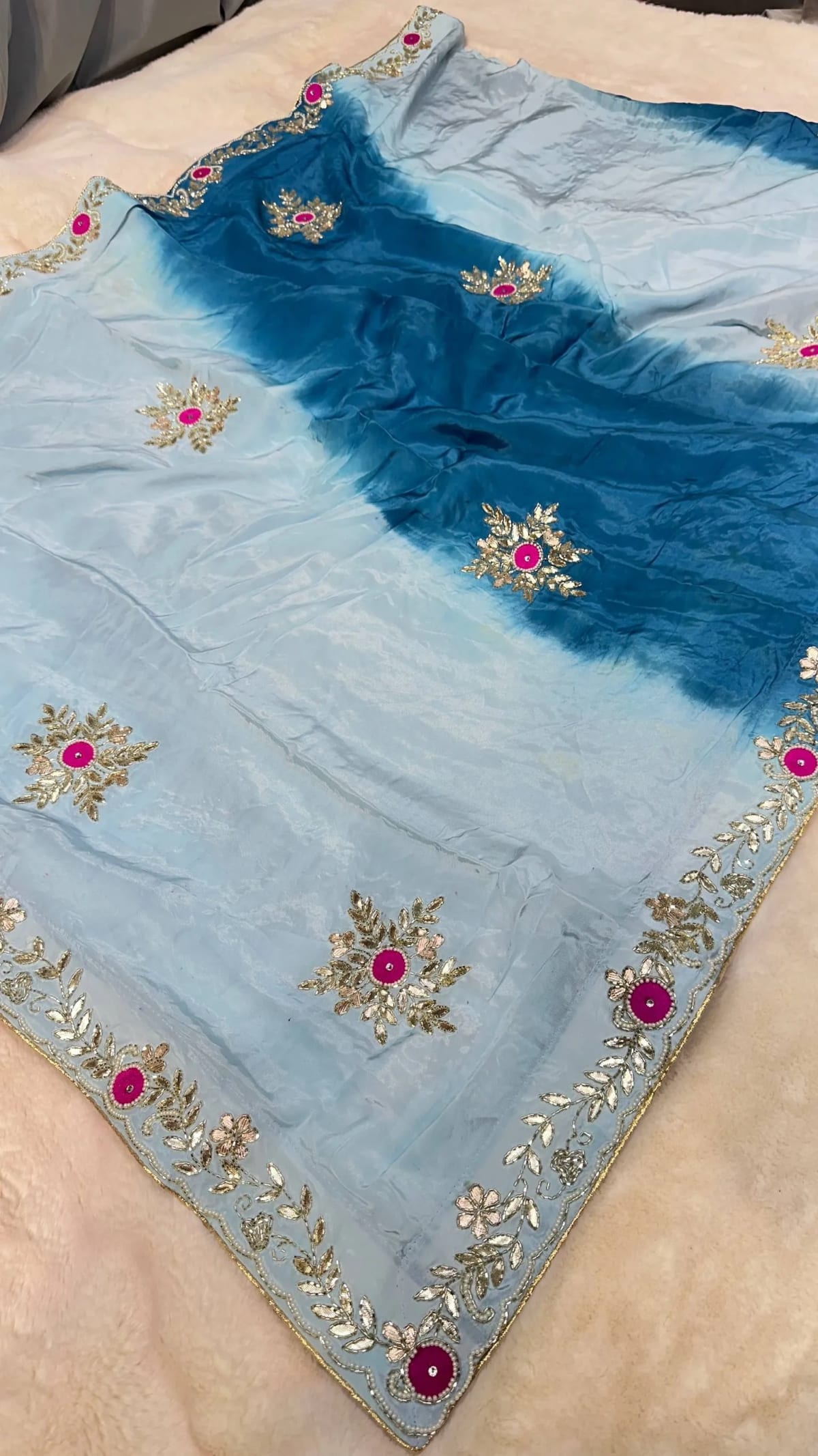 Designer Italian Crepe Fabric Saree with Kundan Moti Patti Work in Elegant Shaded Colors