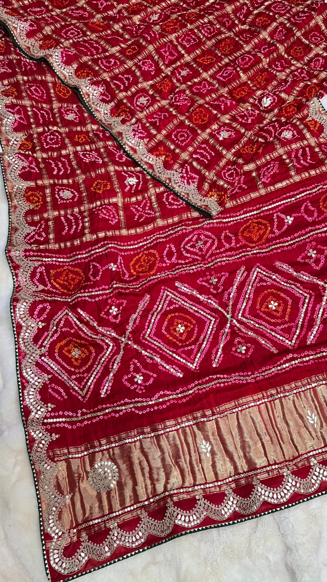 Pure Gaji Silk Fabric Ghatchola Saree with Zari Weaving & Zardozi Dori Moti Patti Work