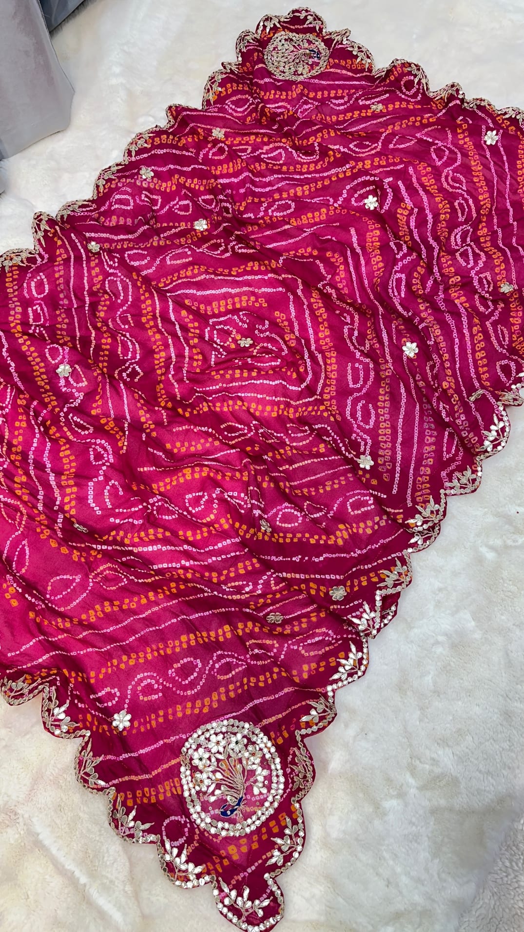 Trending Hand Bandhej Dupatta in Pure Ojariya Crepe Fabric with Zardozdi, Kundan & Zero Gota Patti Work