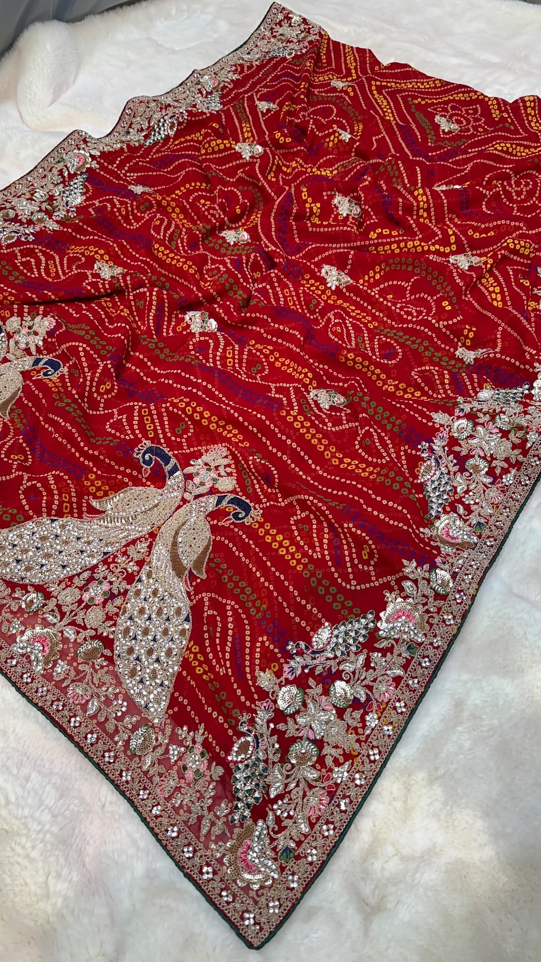 Traditional Bandhej Chundri Saree in Fine Georgette Fabric with Heavy Zari, Resham Sequence & Diamond Stone Work – Luxury Festive Ethnic Wear