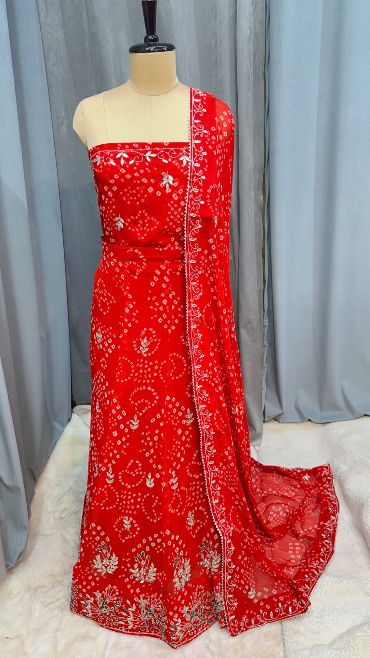 Designer Trending Bandhej Lehenga Chunni Set in Fine Georgette Fabric with Handmade Zardozi Kundan Moti Patti Work