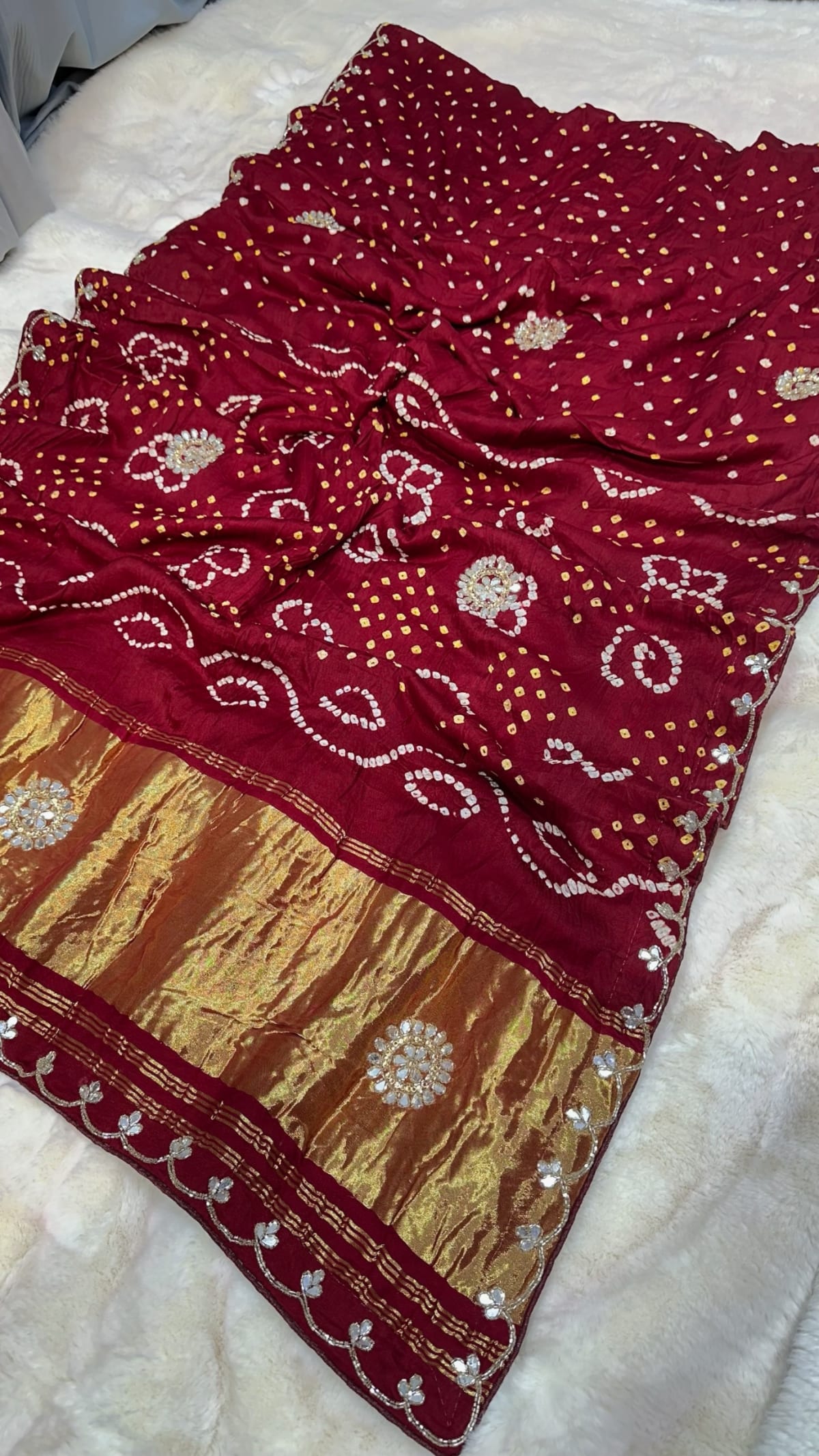 Ghat Chola Bandhej Saree Pure Modal Silk with Kundan Patti Work