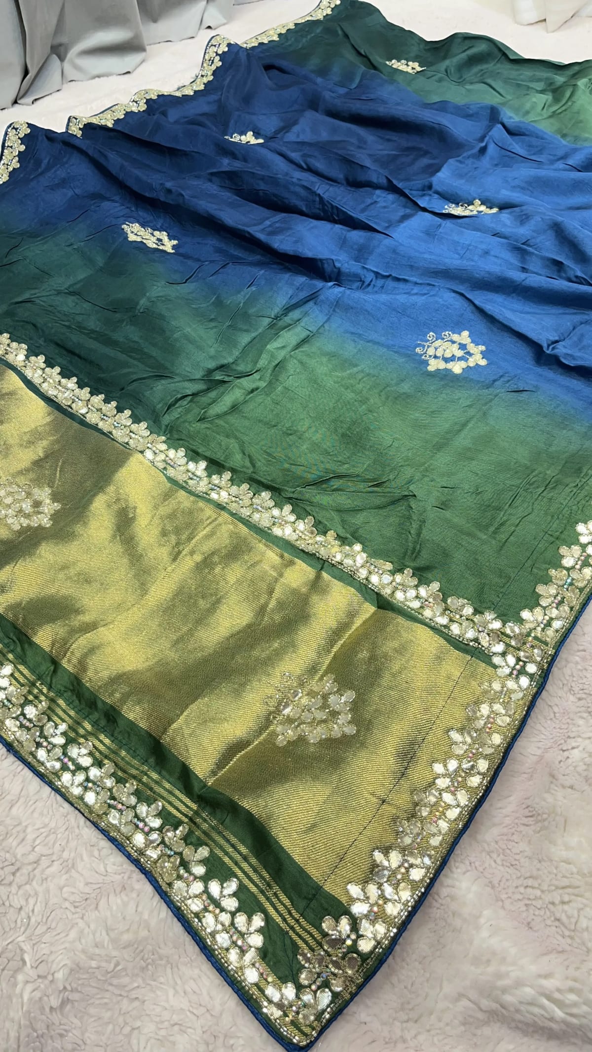 HO Silk Fabric Designer Saree with Kundan Patti Zardozi Work in Box-Dye Shaded Colors