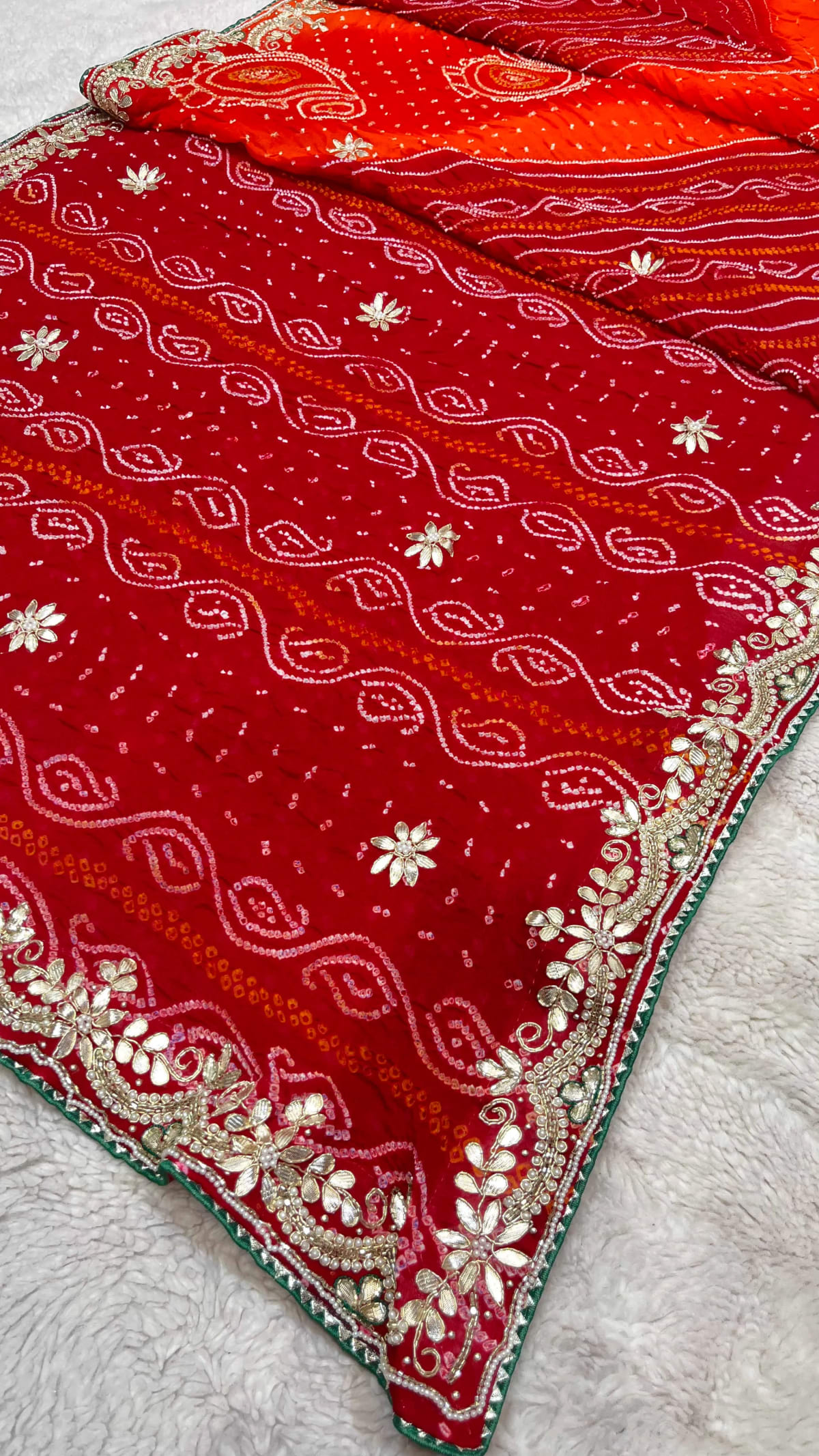 Handcrafted Pure Ojariya Fabric Saree with Kundan Zardosi Patti and Moti Embellishments