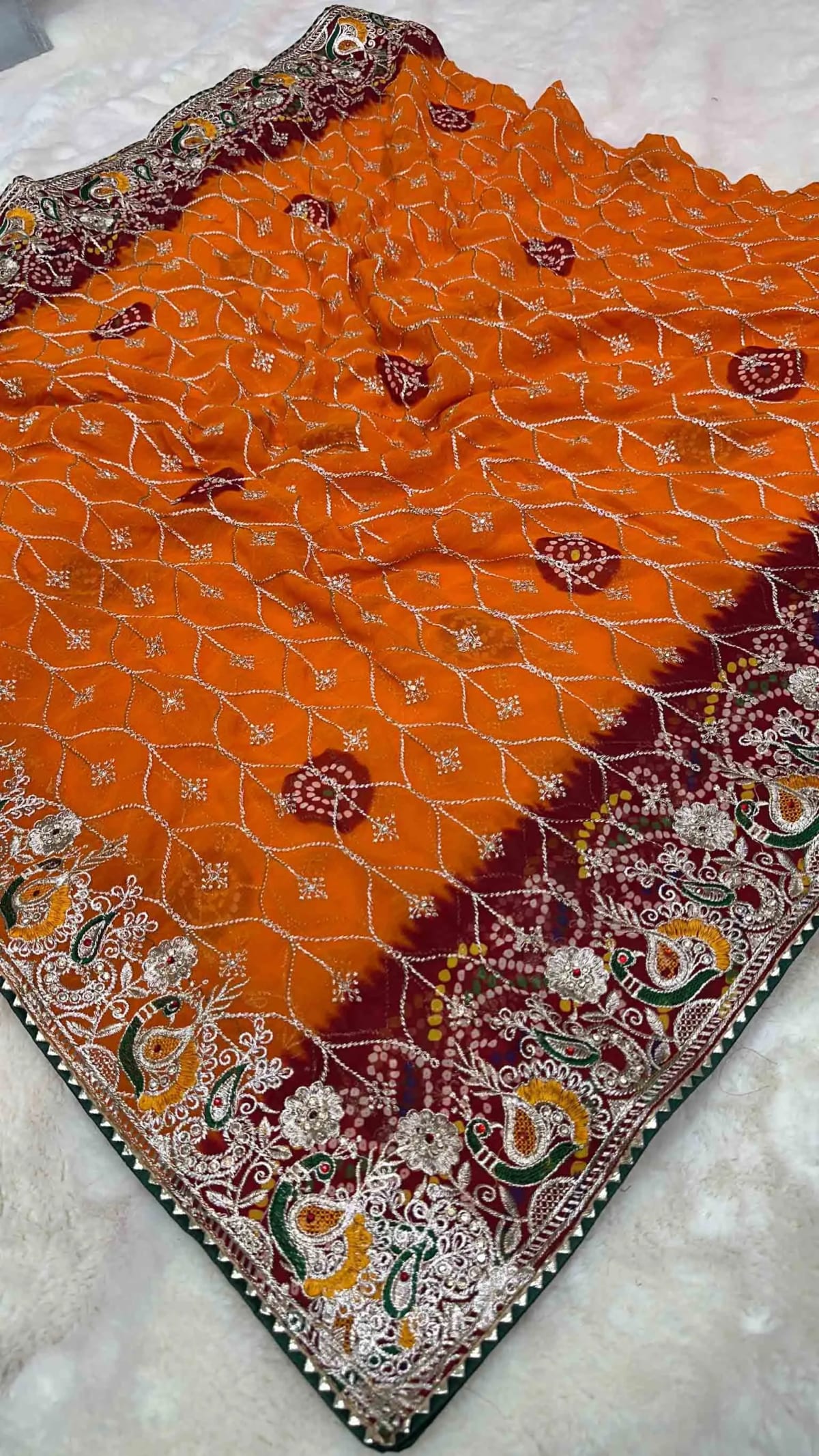Premium Orange Pilla Dupatta in Fine Georgette Fabric with Heavy Zari Embroidery & Diamond Work – Designer Festive & Wedding Wear