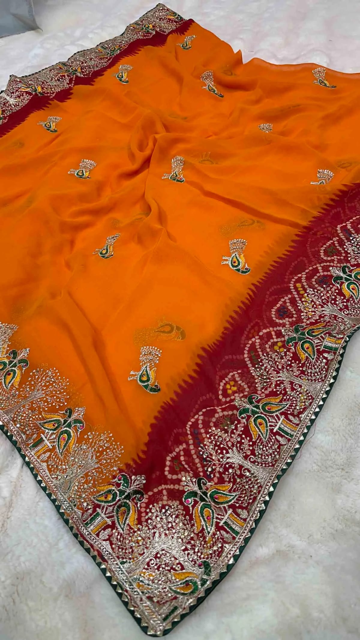 Orange Georgette Pilla Dupatta with Zari and Diamond Work