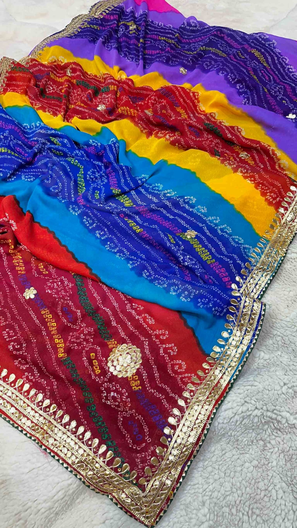 Traditional Bandhej Saree in Fine Georgette Fabric with Handmade Gotta Patti Work – Festive & Wedding Ethnic Wear