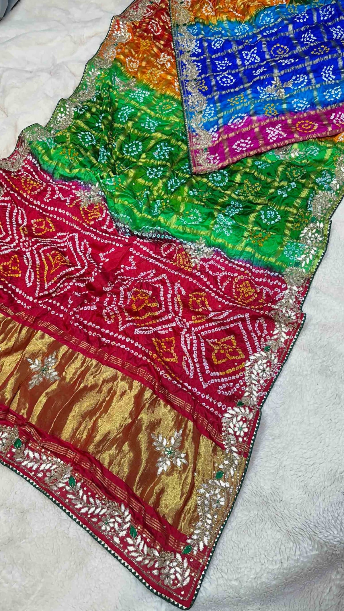 Multi Shade Bandhej Gaji Silk Fabric Saree with Handcrafted Lakdi Patta, Zardozi Kundan & Moti Patti Work – Designer Festive & Bridal Wear