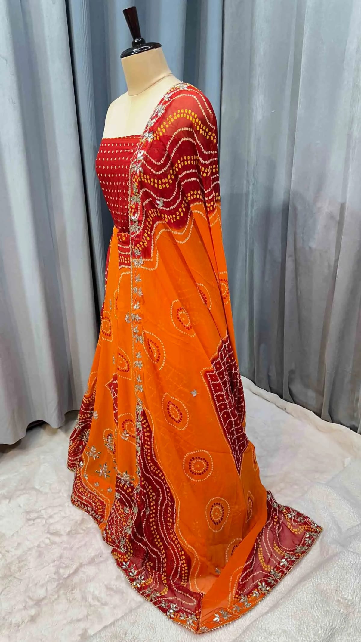 Fancy Bandhej Lehenga Chunni Set in Fine Georgette Fabric with Kundan Moti Patti Work – Stylish Ethnic Wear for Weddings & Festive Occasions