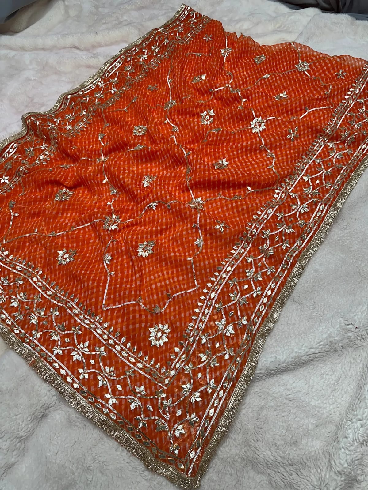 Lehriya Motra Saree with Handmade Kacha Gotta Jaal Work in Art Chiffon