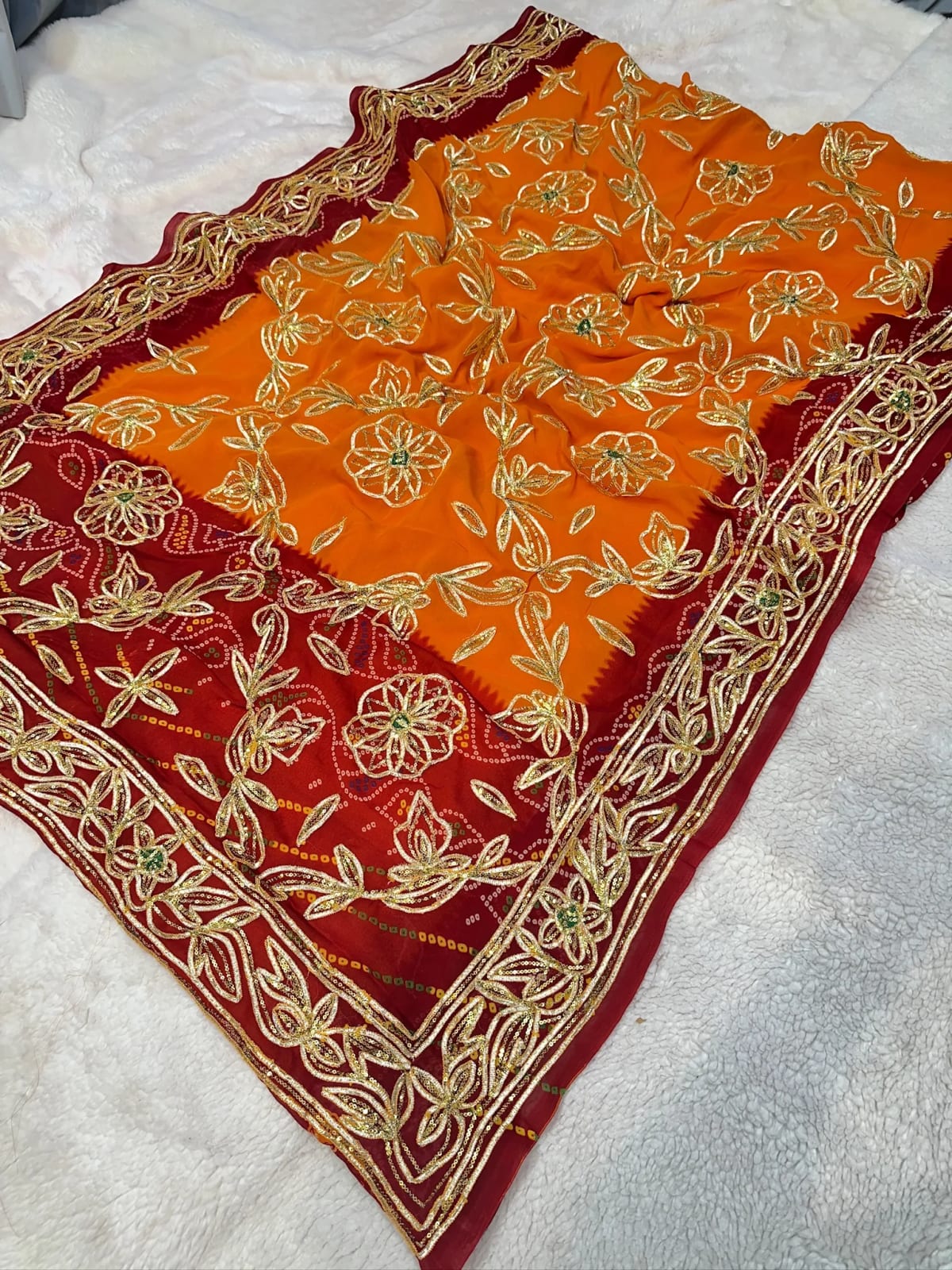 Jaipuri Bandhej Piliya Saree with Gotta Patti Sequence Work and Fine Georget Fabric