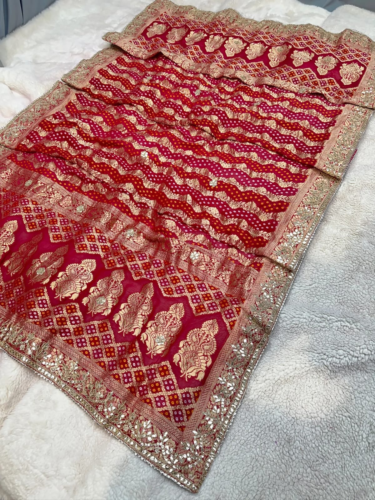 Khadi Zari Bandhej Dupatta in Pure Viscose Georgette with Handmade Zardozi Moti & Zero Gotta Patti Work