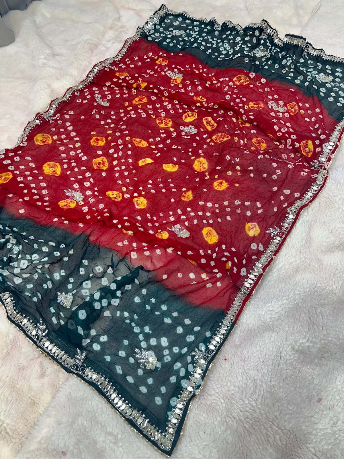Hand Bandhej Chundri Dupatta in Viscose Georgette with Kundan Patti Resham Moti Work