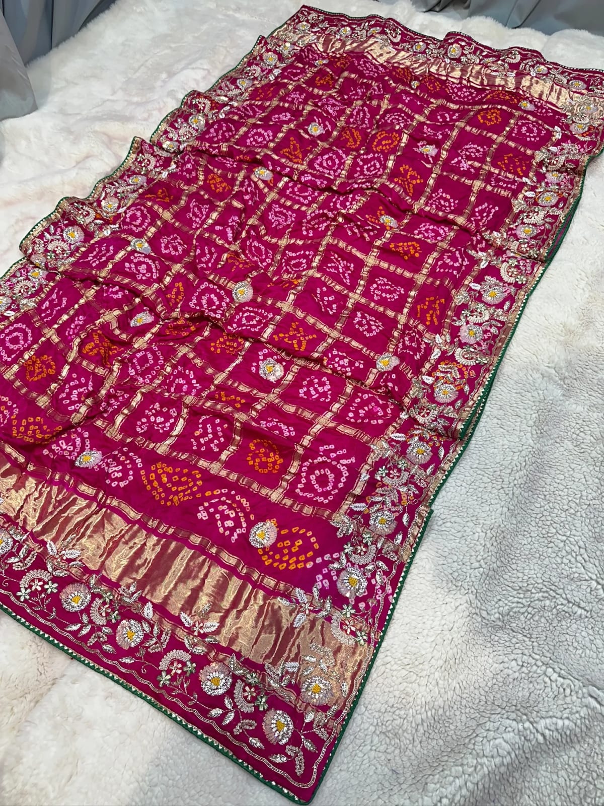 Gaji Silk Hand Bandhej Dupatta with Lakdi Patta Zardozi Kundan Moti Patti Work