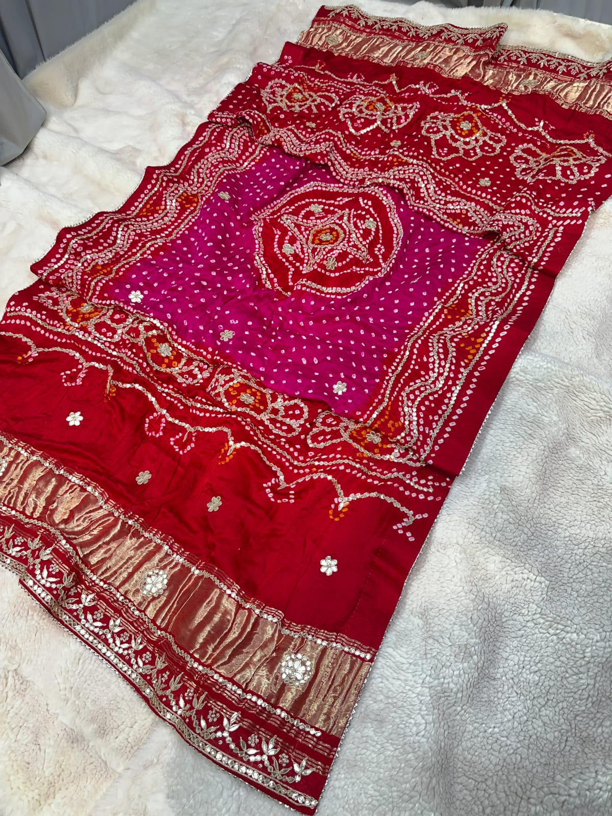 Pure Gaji Silk Hand Bandhej Dupatta with Two Shade Colour and Zero Gotta Patti Moti Work