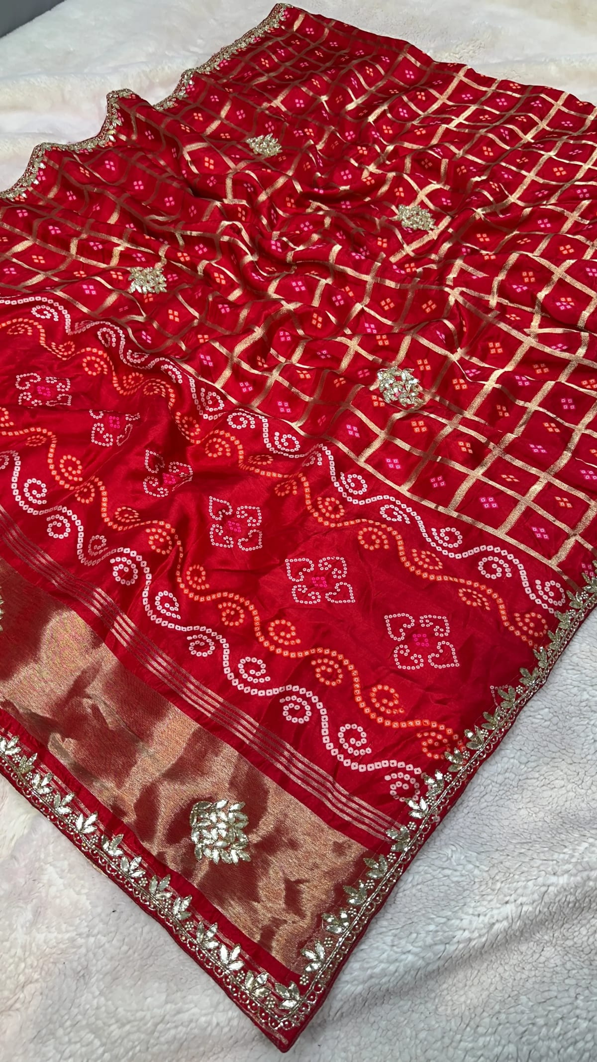 Gaji Bandhej Saree in Pure Dola Silk with Weaving Zari, Handmade Kundan Patti & Moti Work
