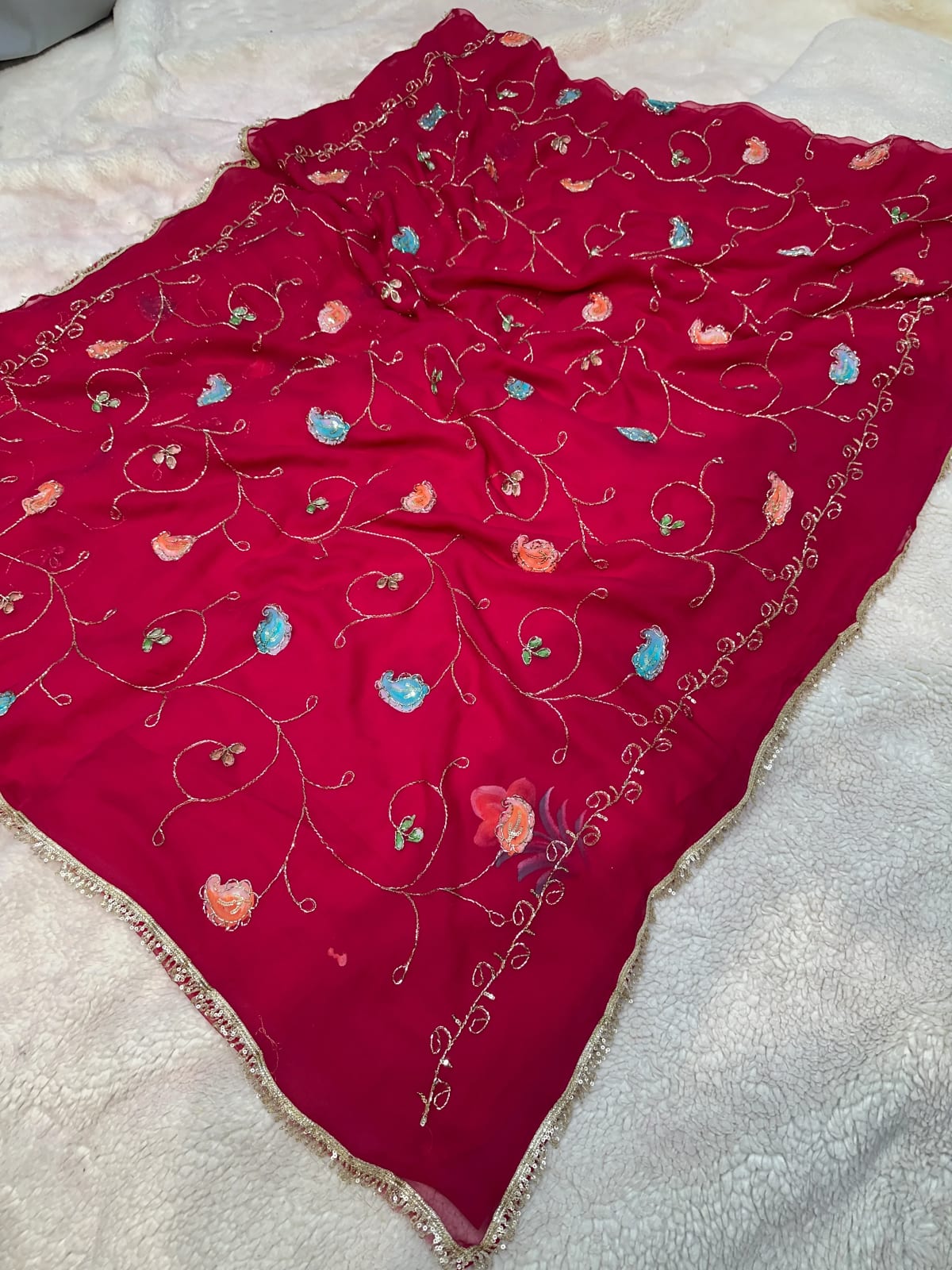 Georgette Digital Print Saree with Pitton Zari Work and Fancy Lace Border