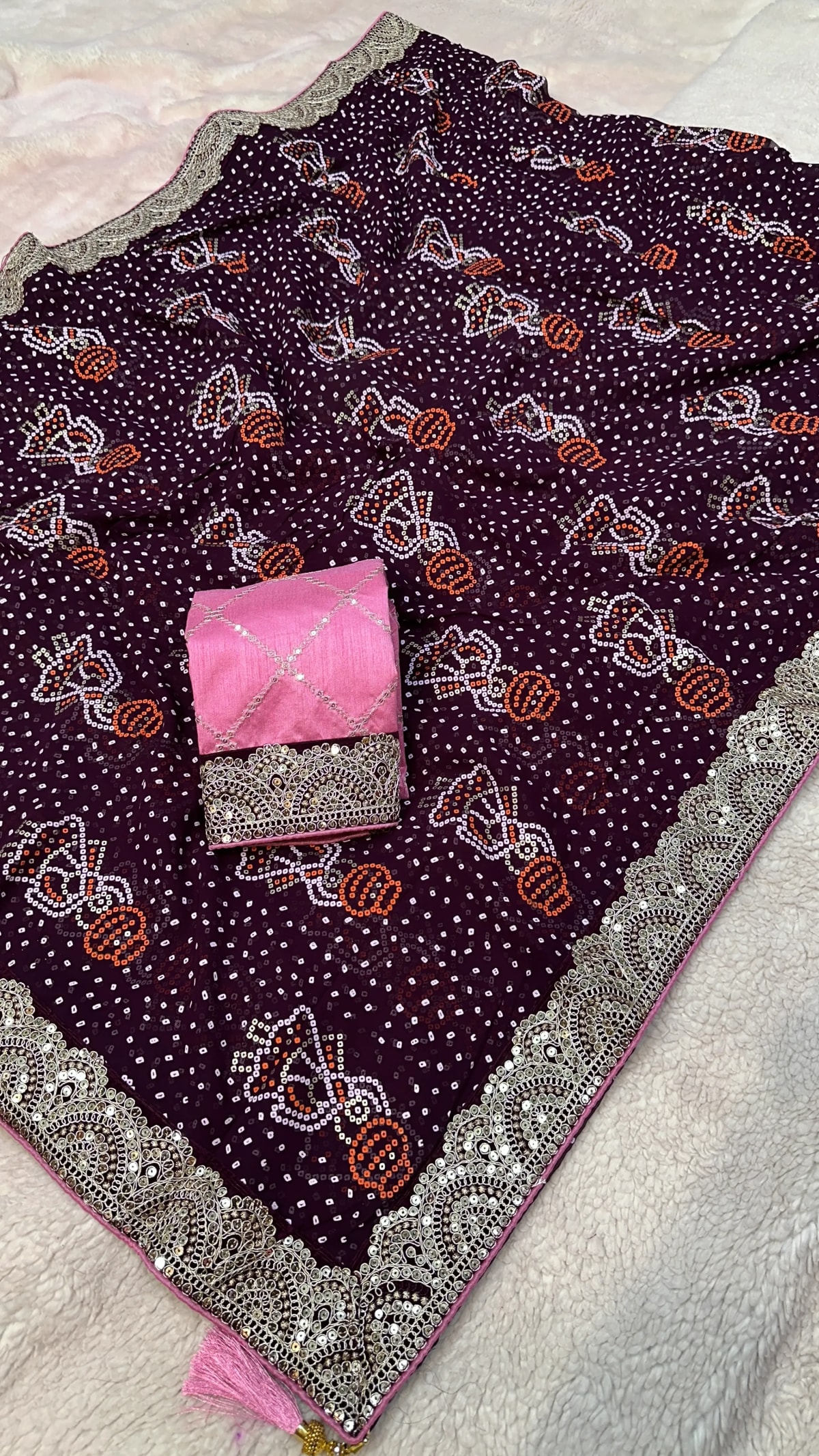 Bandhej Saree in Georgette Fabric with Pitton Zari Embroidery and Sequence Border Work