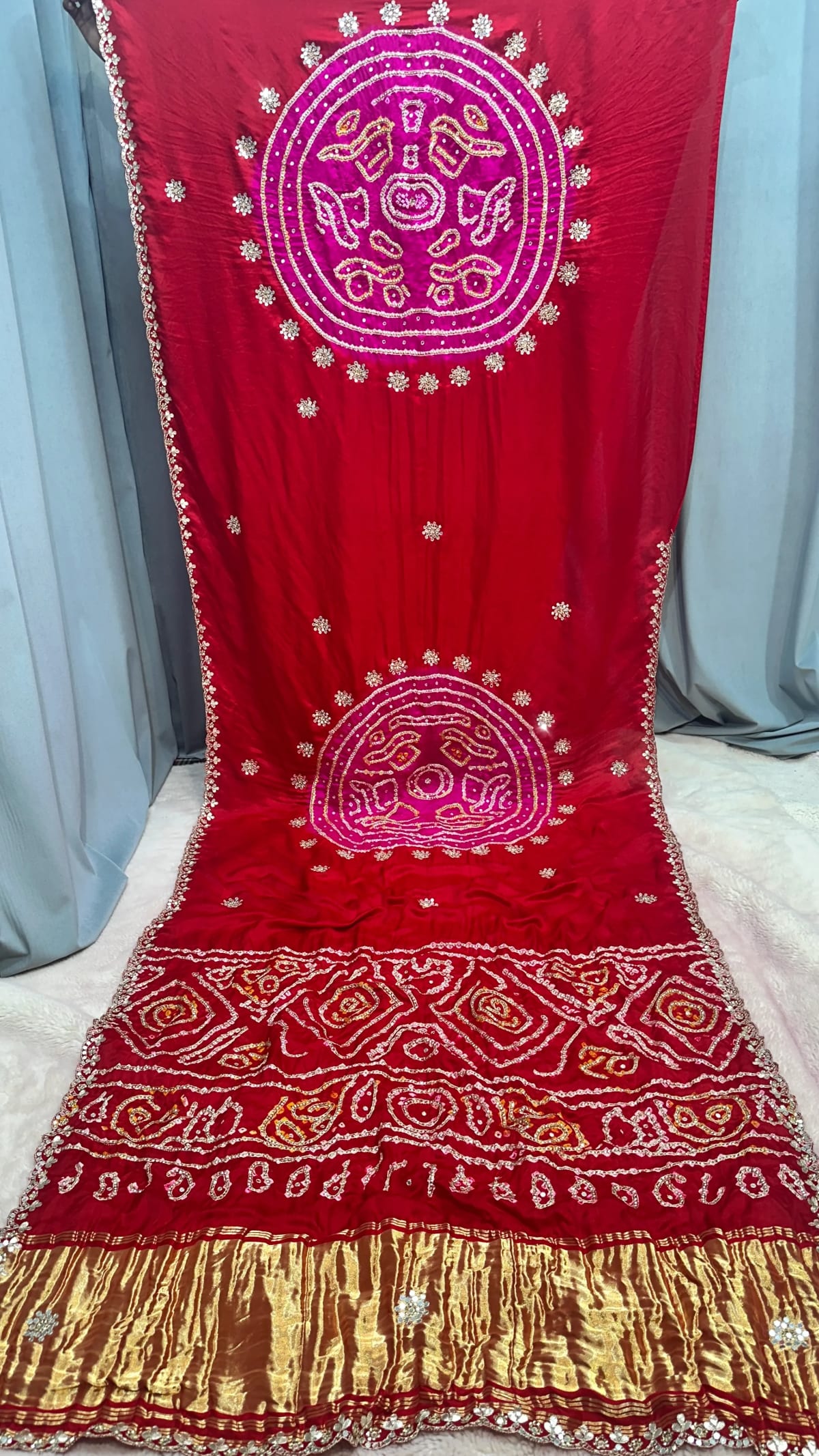 Pure Gaji Silk Saree with Fabiyan Hand Bandhej and Aari Sequence Handwork
