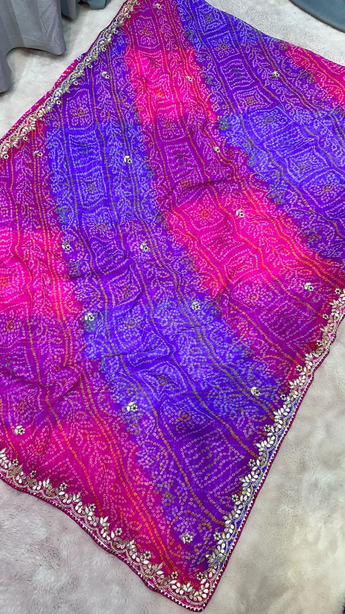 Georgette Bandhej Saree with Kardana Patti and Moti Handwork