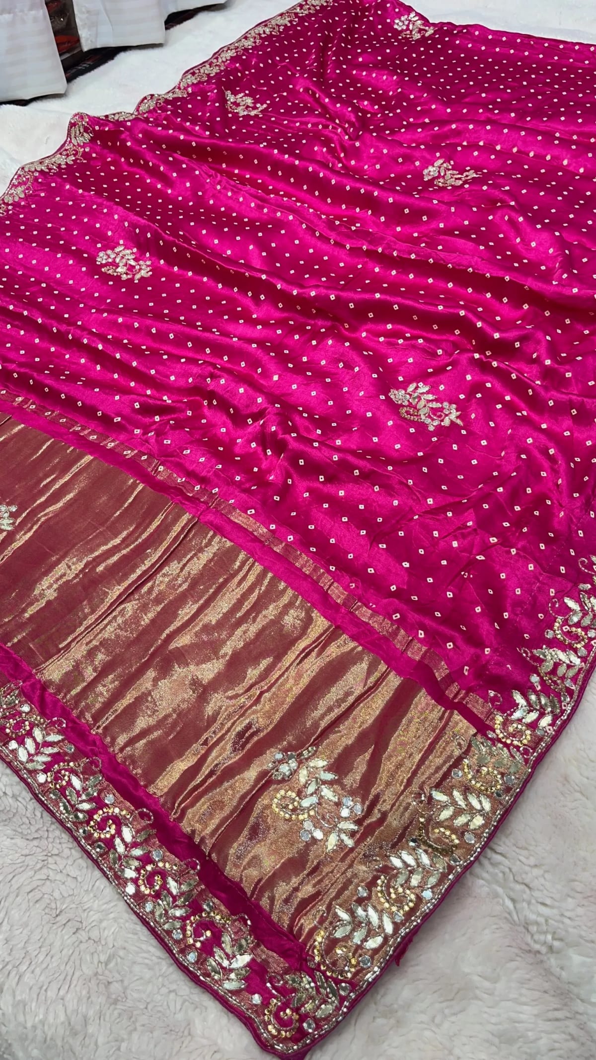 Designer Modal Silk Fabric Saree with Lagdi Patta Pattern and Kundan Patti Work