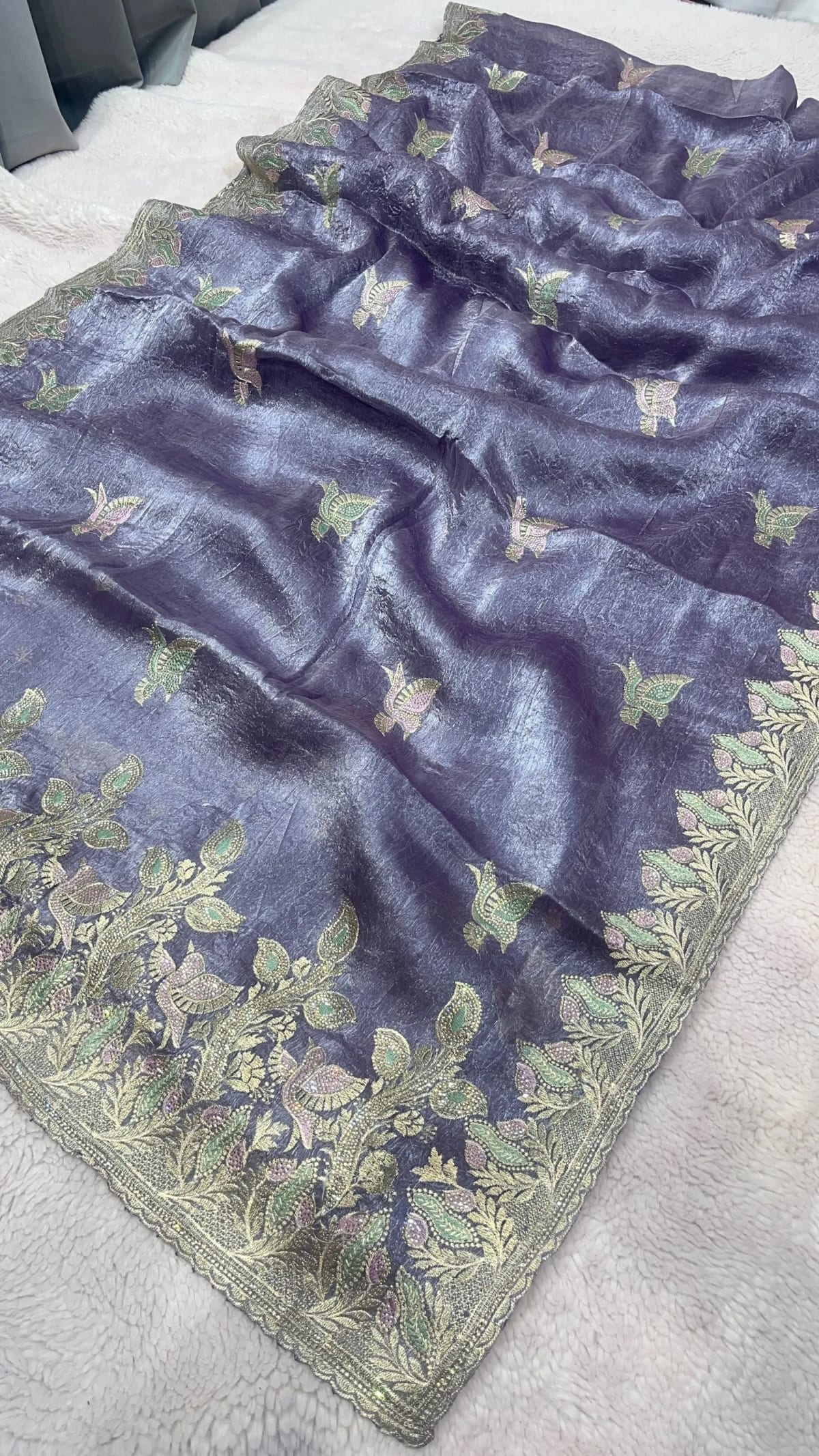 Designer Organza Tissue Fabric Saree with Delicate Zari Floral Embroidery