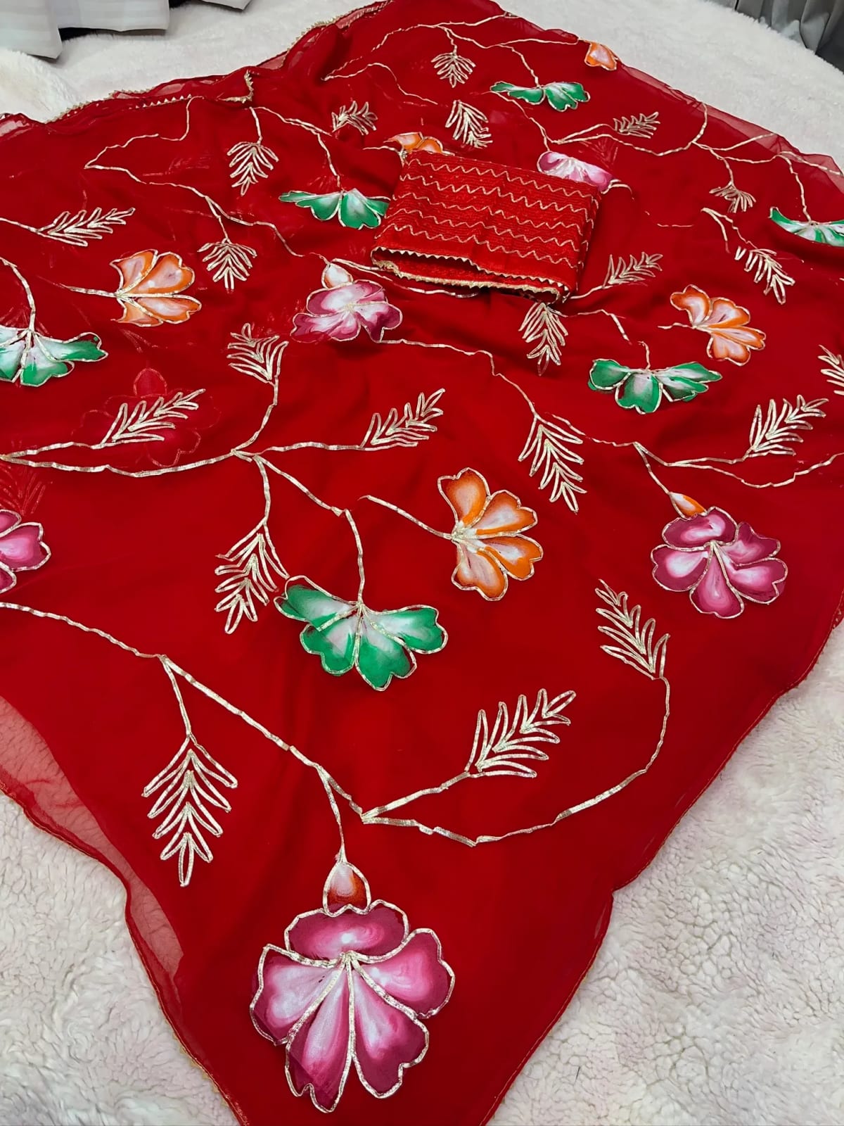 Chinnon Chiffon Kaccha Gota Saree with Floral Print Handcrafted Detailing