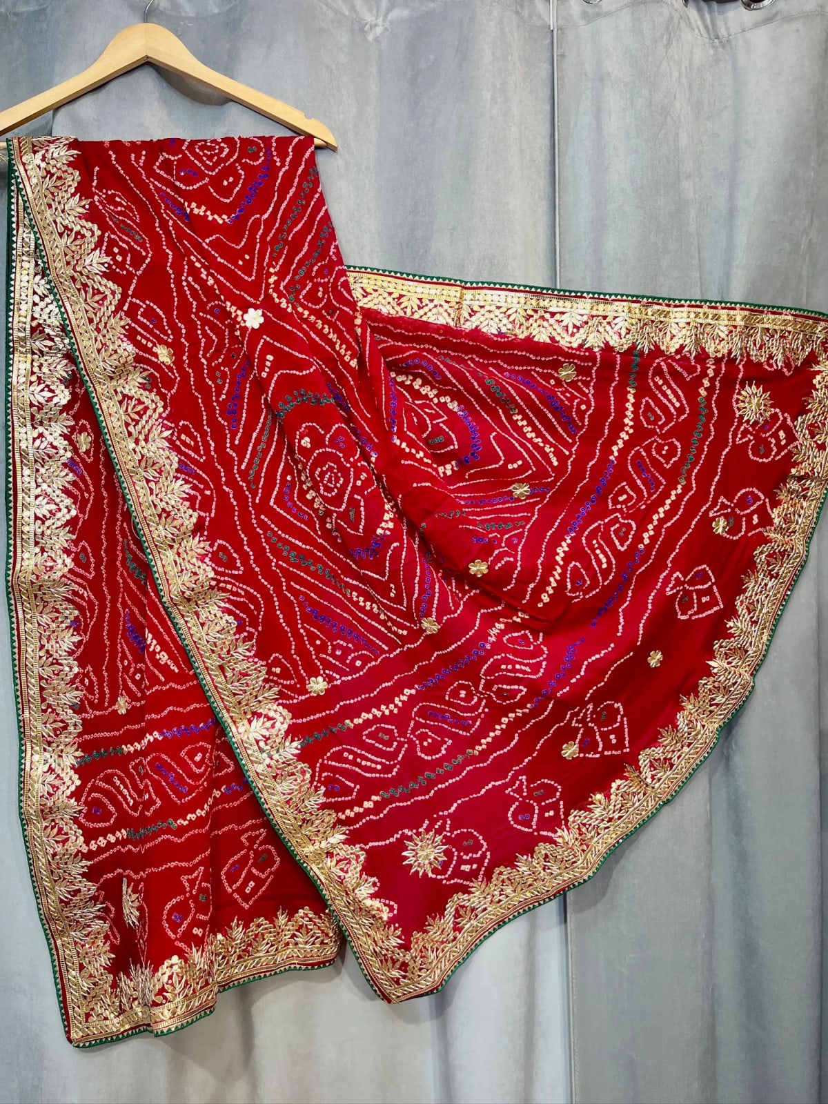Handcrafted Bandhej Dupatta in Paver Ojariya Crepe Fabric with Authentic Gotta Patti Work