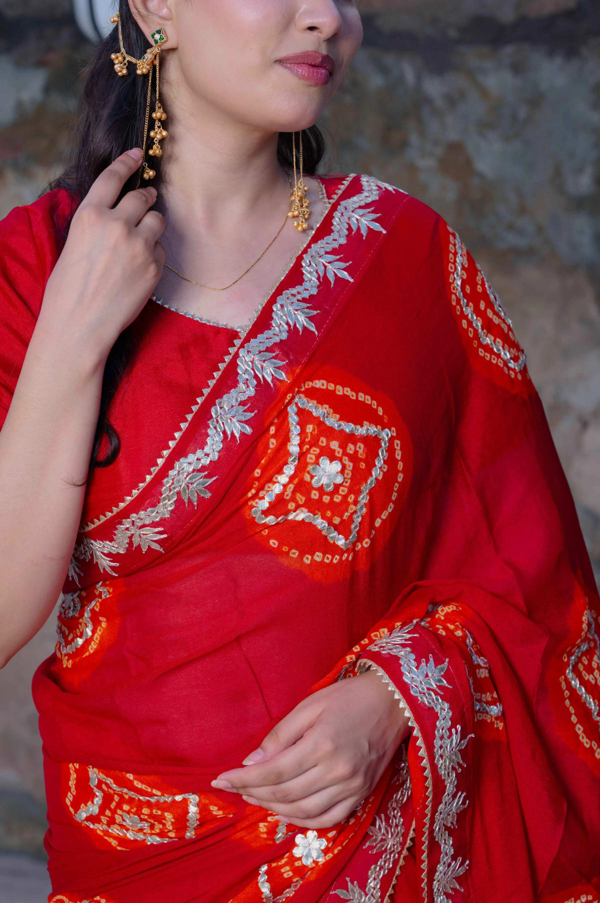 Pure Gaji Silk Fabric Hand Bandhej Saree with Kaccha Gota Work