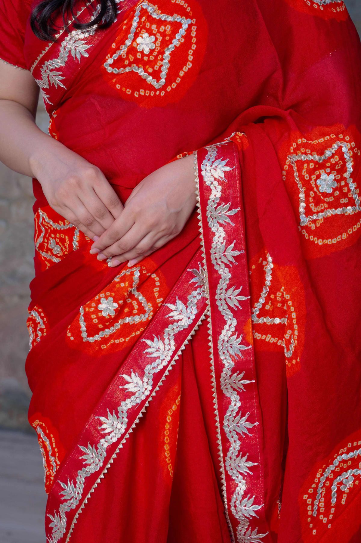 Pure Gaji Silk Fabric Hand Bandhej Saree with Kaccha Gota Work