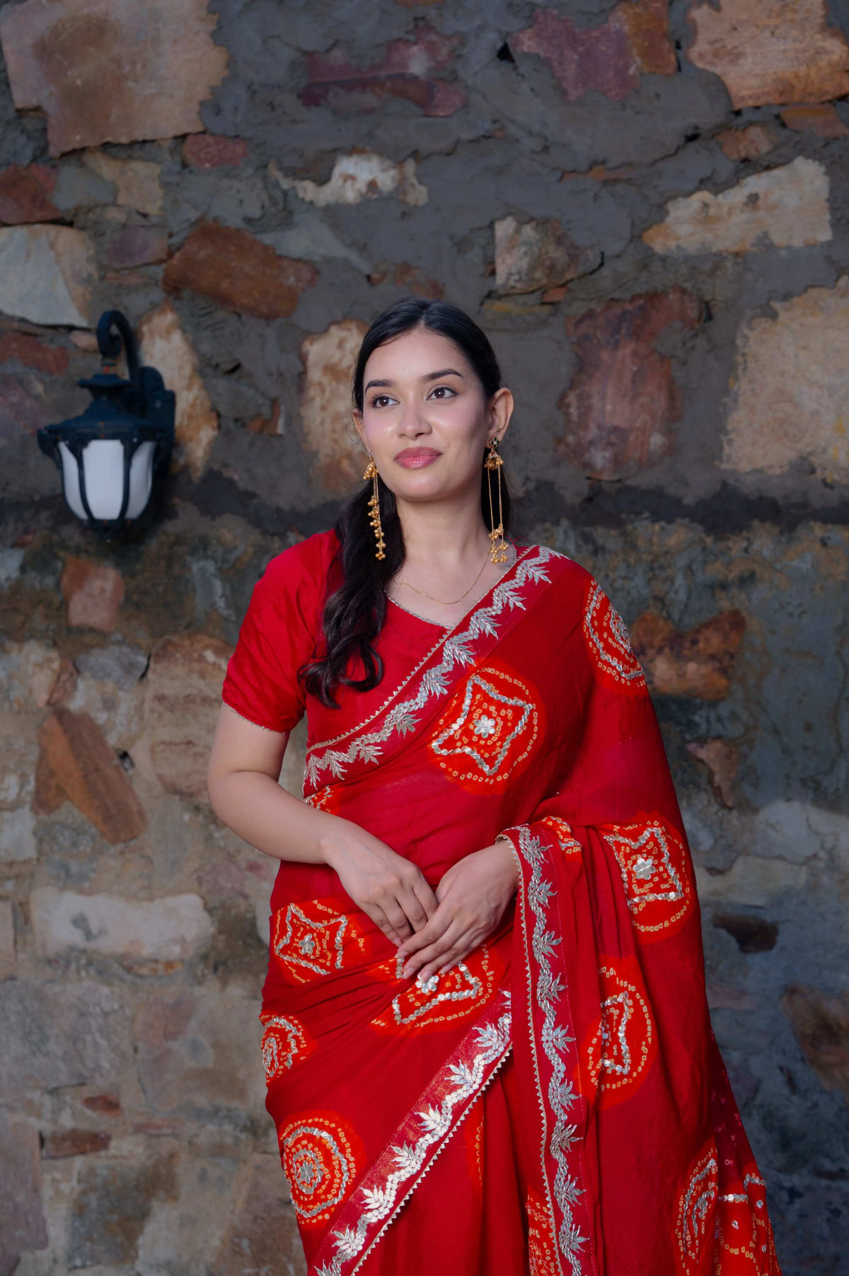 Pure Gaji Silk Fabric Hand Bandhej Saree with Kaccha Gota Work