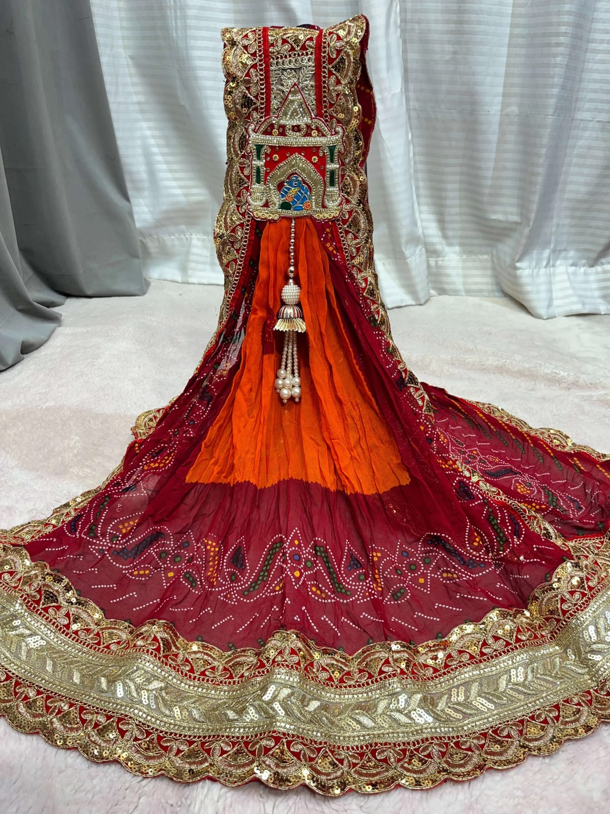Orange Pilla Ready-Made Brooch Dupatta in Flowing Georgette Fabric
