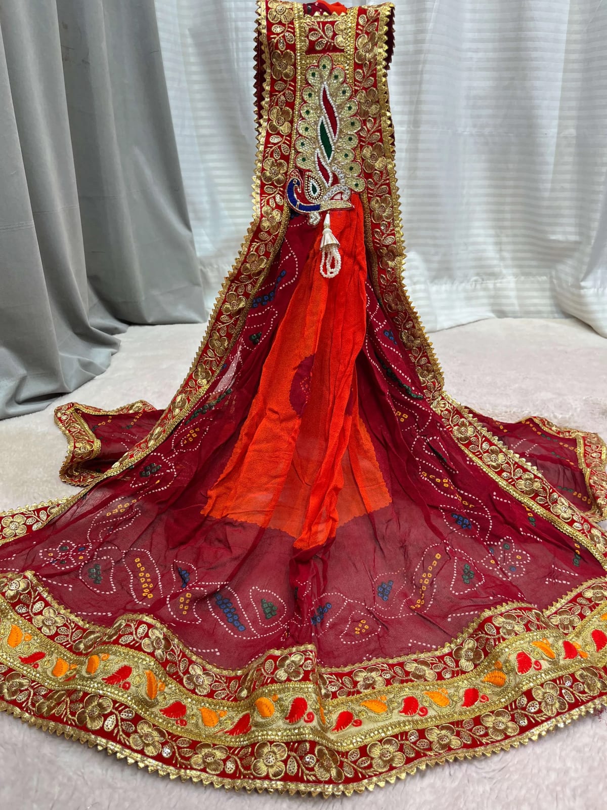 Orange Pilla Ready-Made Brooch Dupatta in Flowing Georgette Fabric