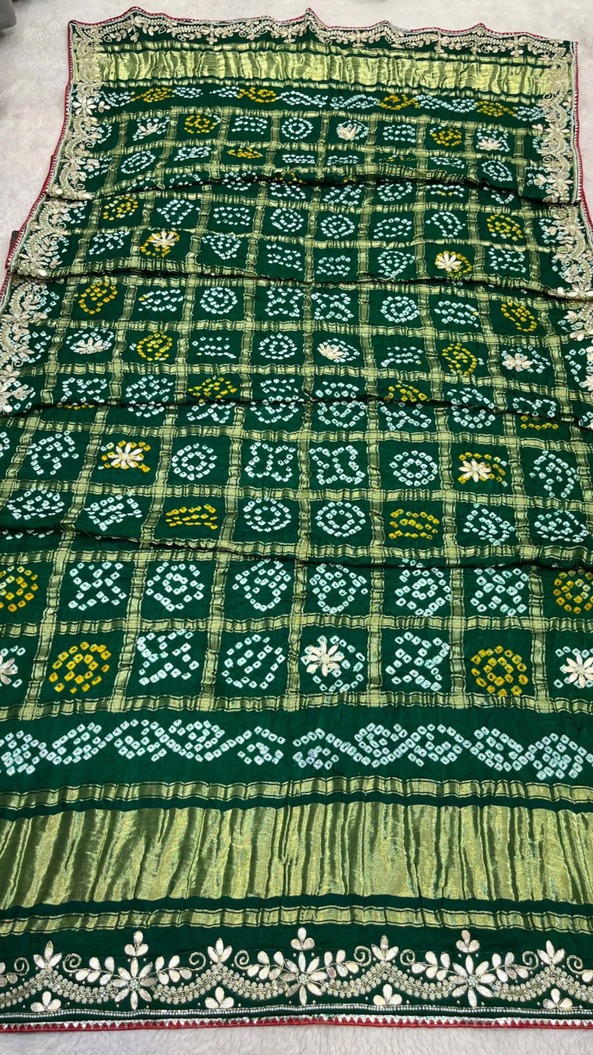 Pure Gazi Silk Fabric Hand Bandhej Dupatta with Lakdi Patta Zardozi Kundan Moti Work