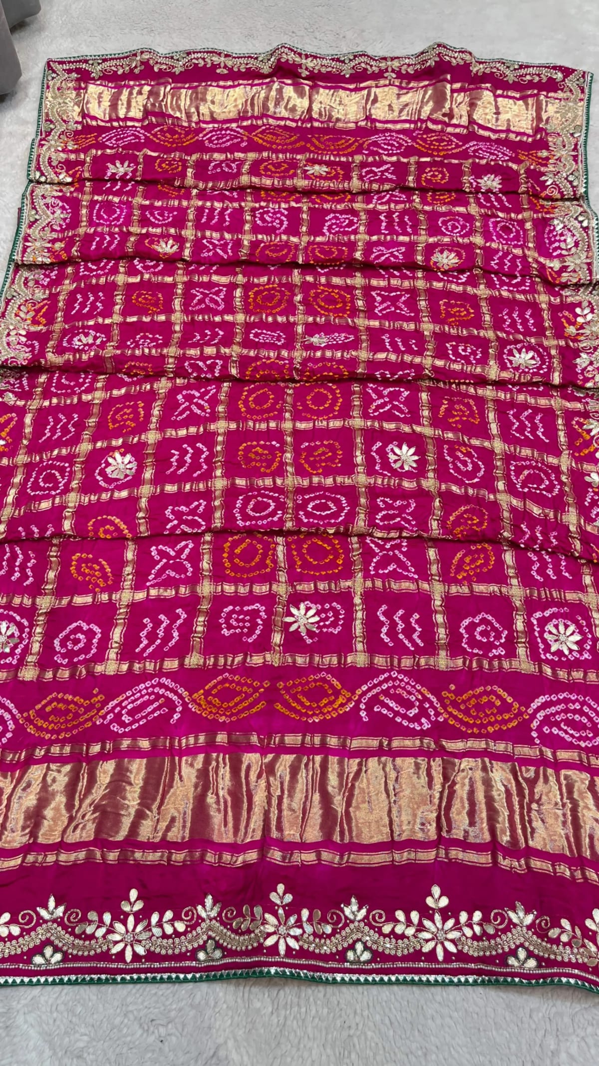 Pure Gazi Silk Fabric Hand Bandhej Dupatta with Lakdi Patta Zardozi Kundan Moti Work