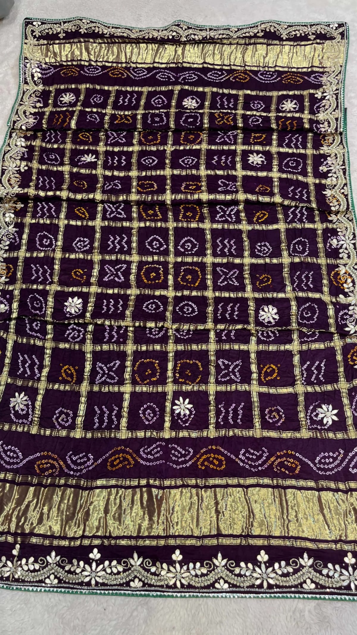 Pure Gazi Silk Fabric Hand Bandhej Dupatta with Lakdi Patta Zardozi Kundan Moti Work