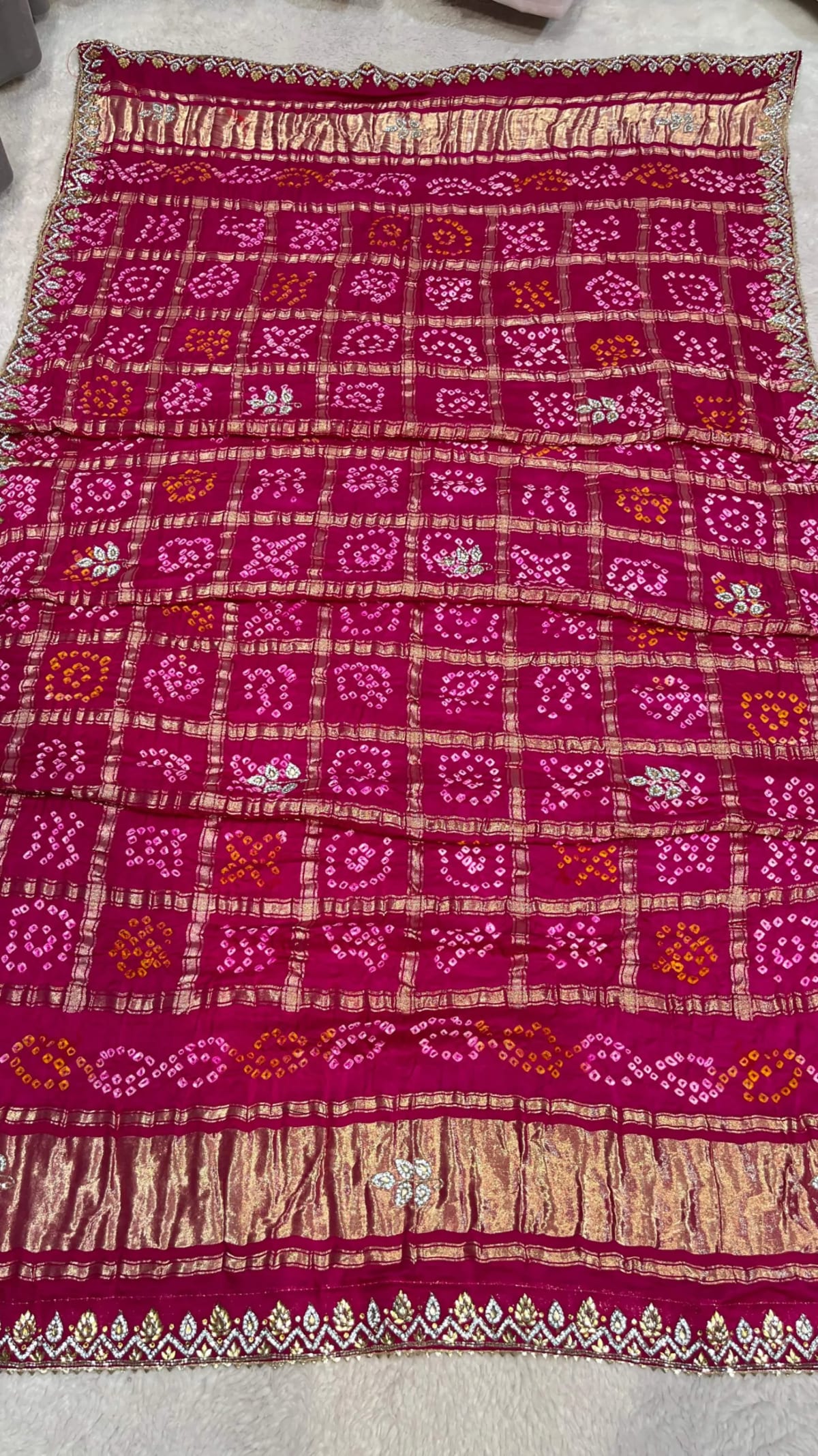 Pure Gazi Silk Fabric Lakdi Patta Bandhej Dupatta with Handcrafted Zardozi Kundan Moti Patti