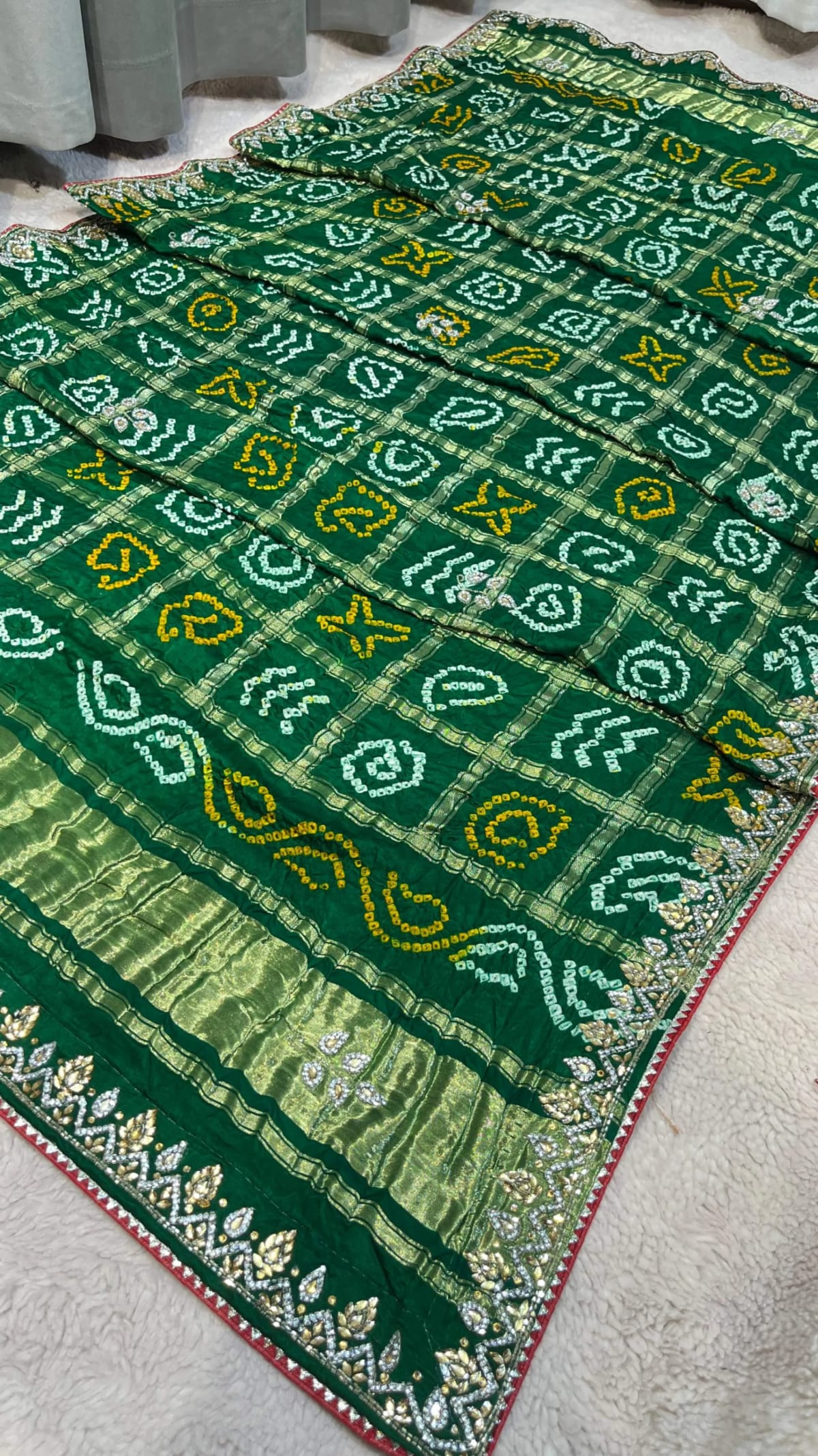 Pure Gazi Silk Fabric Lakdi Patta Bandhej Dupatta with Handcrafted Zardozi Kundan Moti Patti