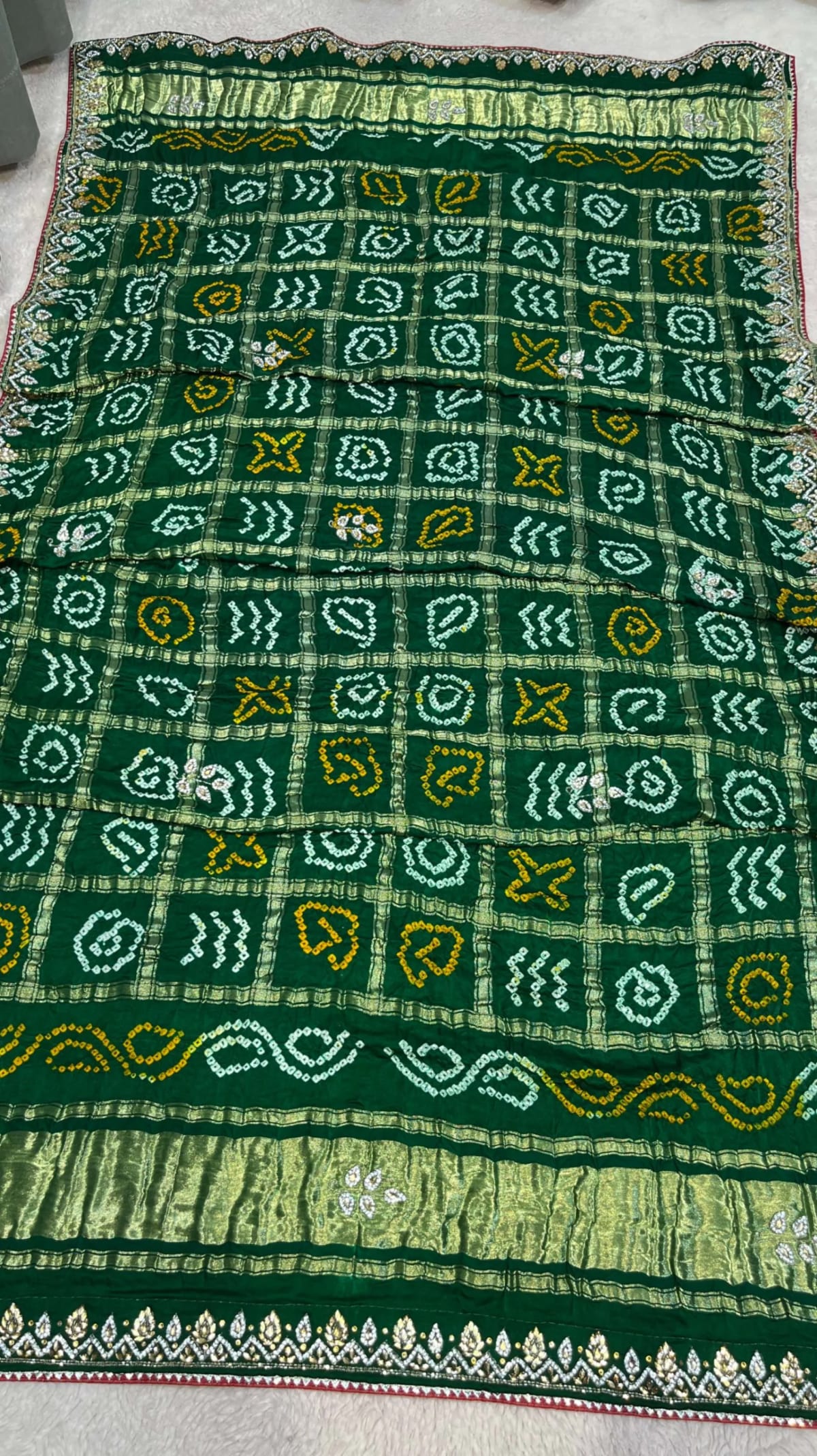 Pure Gazi Silk Fabric Lakdi Patta Bandhej Dupatta with Handcrafted Zardozi Kundan Moti Patti