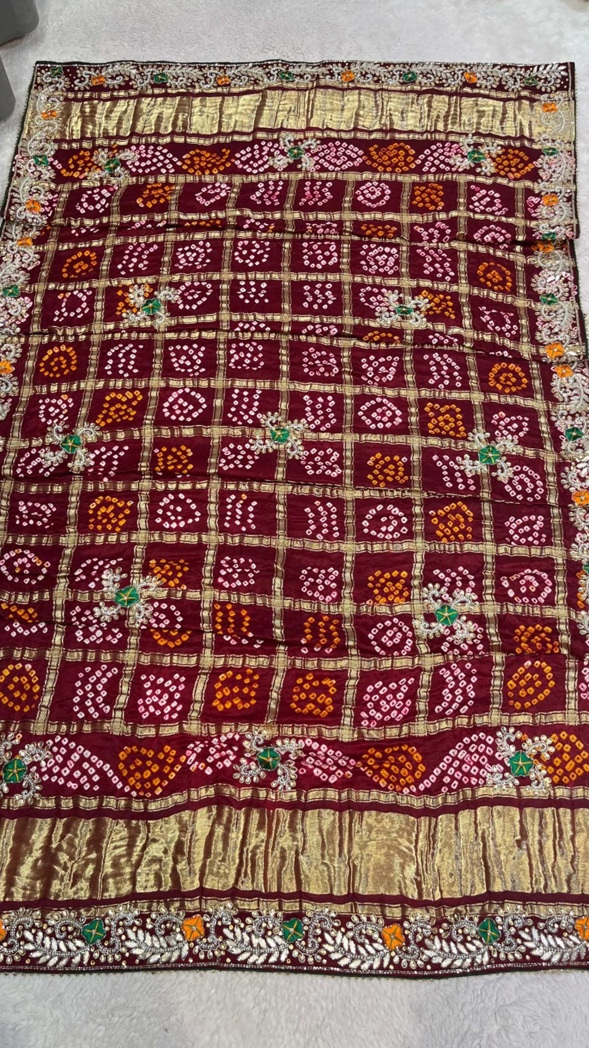 Royal Hand Bandhej Pure Gazi Silk Fabric Dupatta with Lakdi Patta Zardozi, Kundan & Moti Work