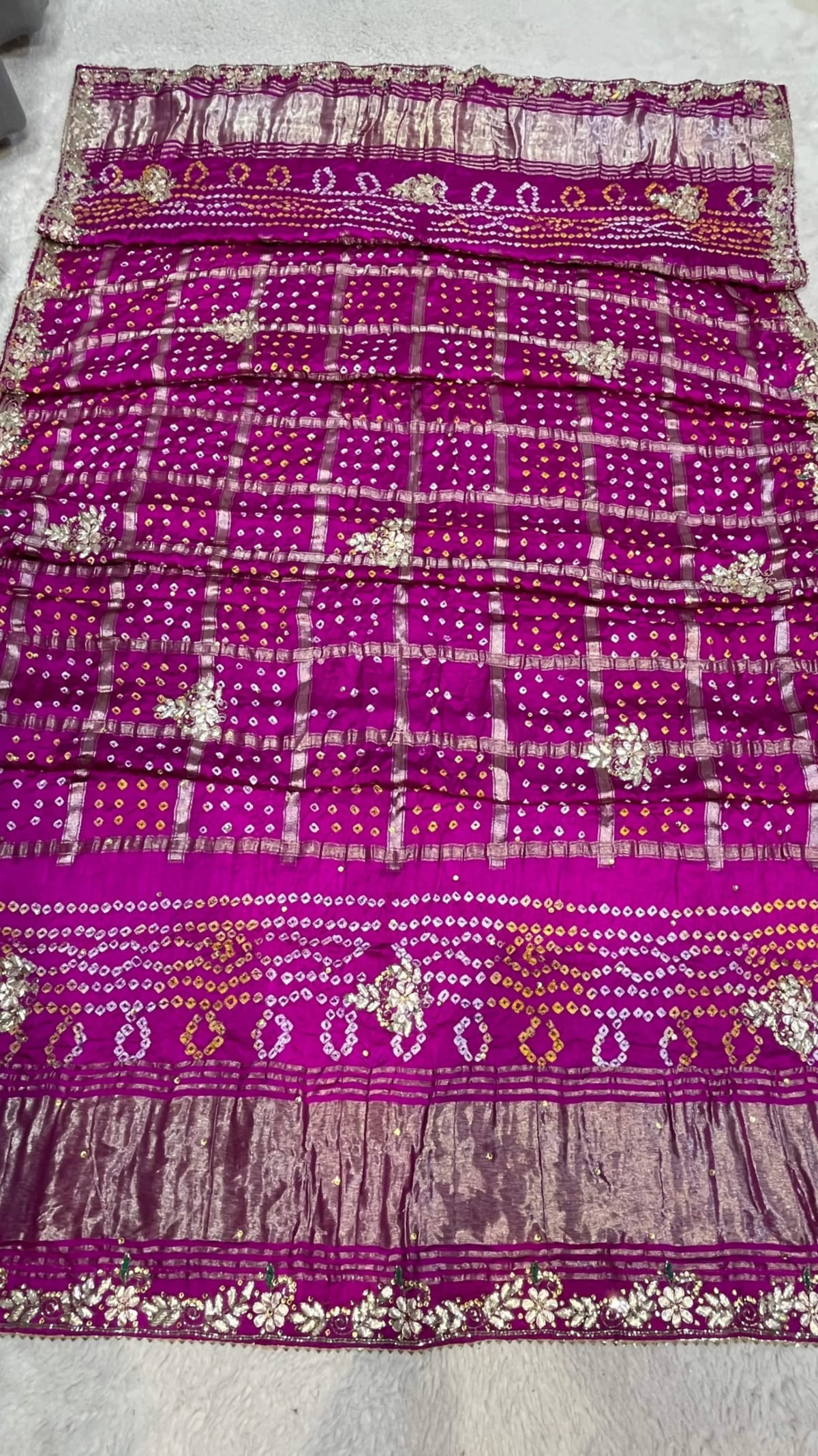 Modal Meena Zari Silk Fabric Bandhej Dupatta with Lakdi Patta Zardozi Kundan Moti Craft